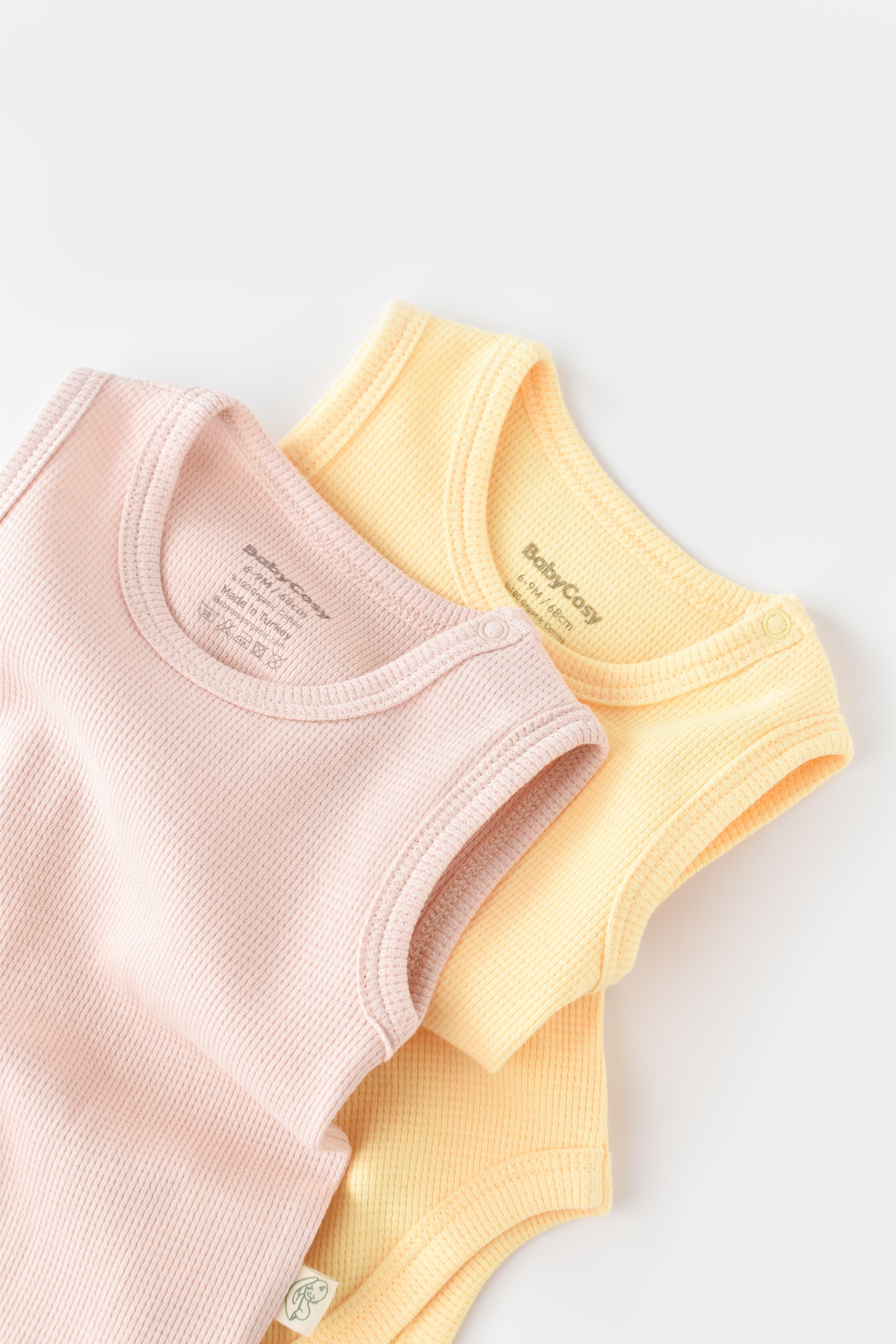 BabyCosy Organik Waffle İkili Askılı Body / Sarı - Pembe