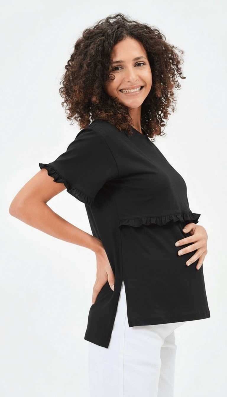 Busa Maternity Hamile ve Gizli Emzirme Detaylı Pamuklu Penye Tişört - Siyah