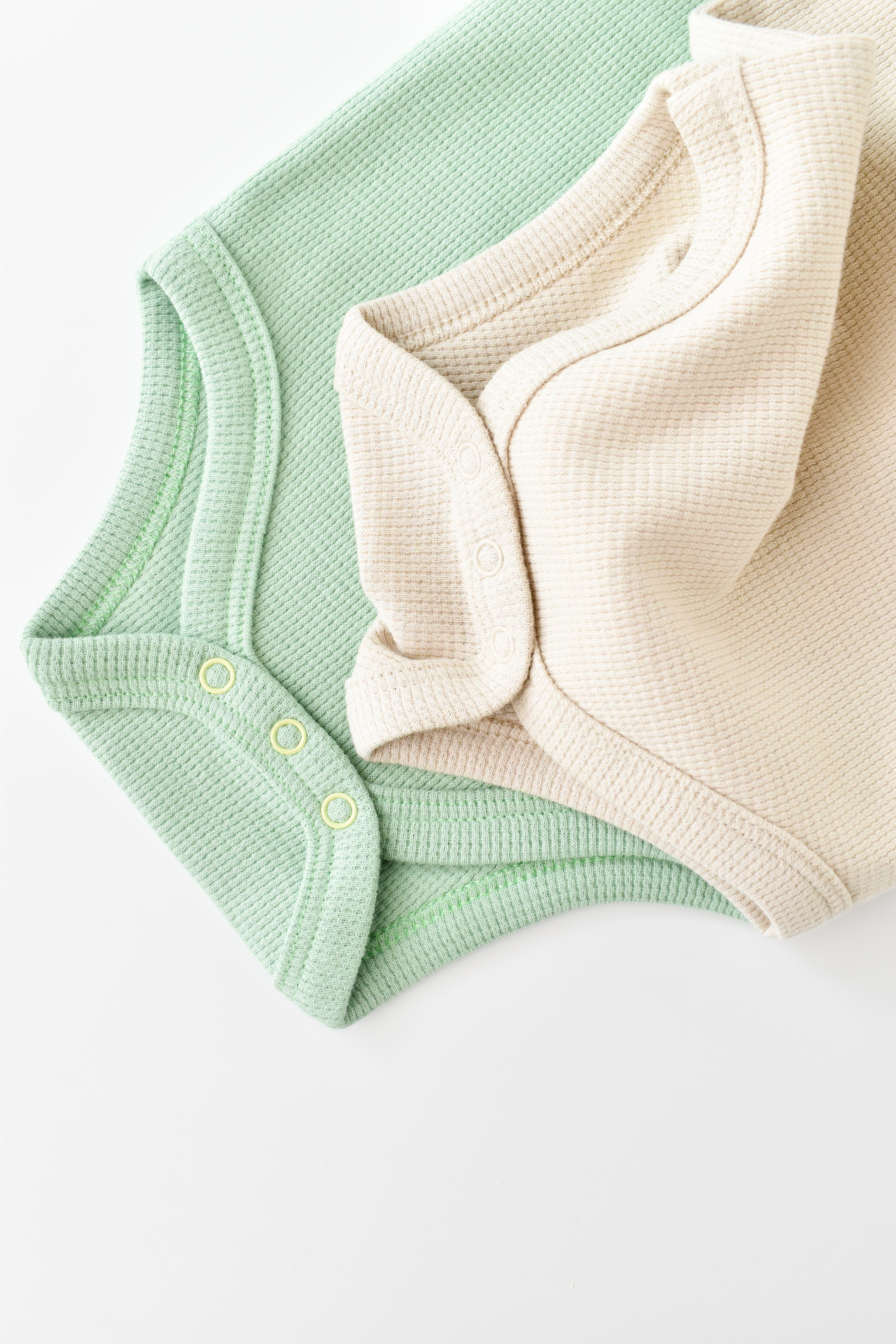 BabyCosy Organik Waffle İkili Askılı Body / Açık Yeşil - Bej