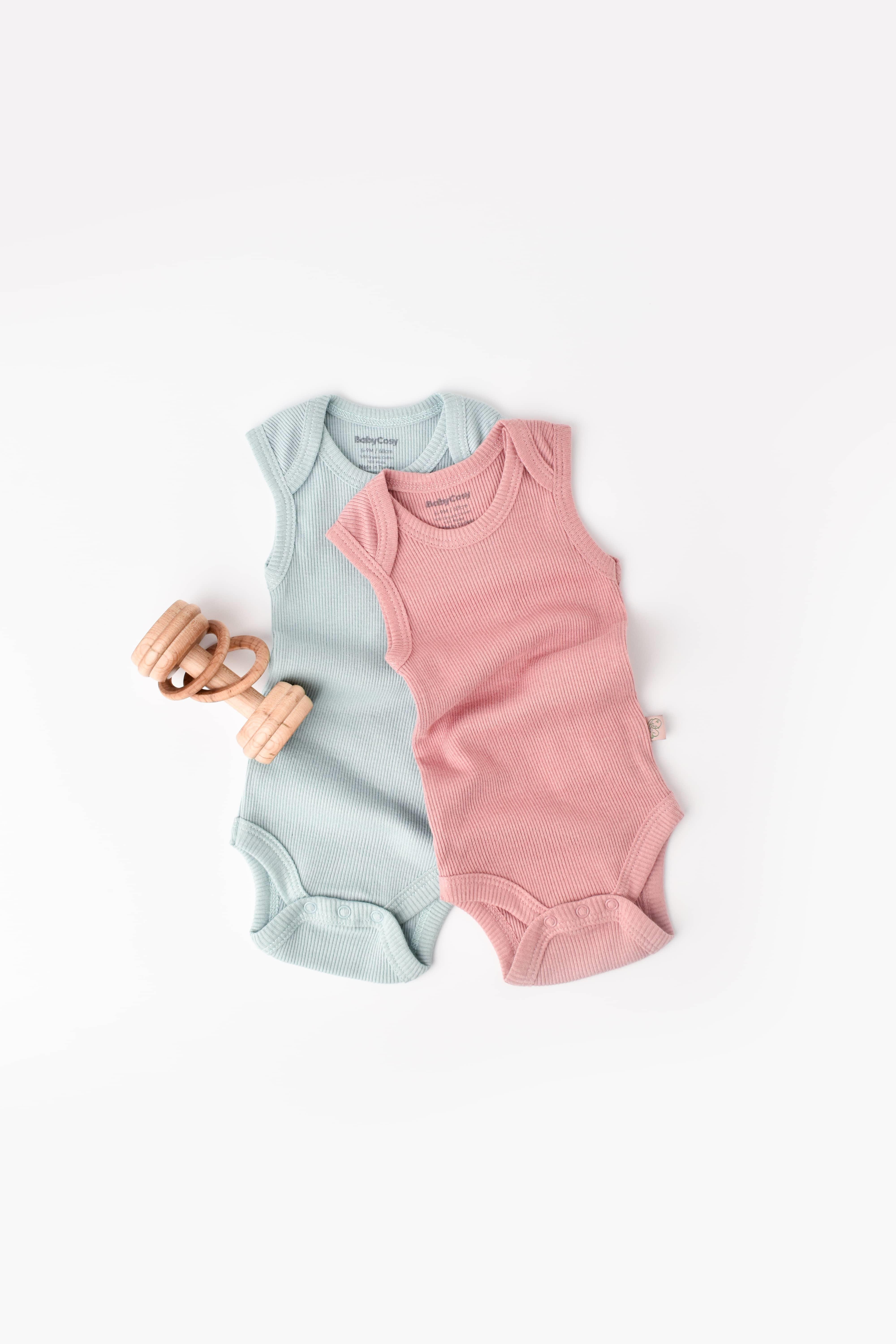 BabyCosy Organik İkili Kolsuz Body / Mint Yeşili - Gül