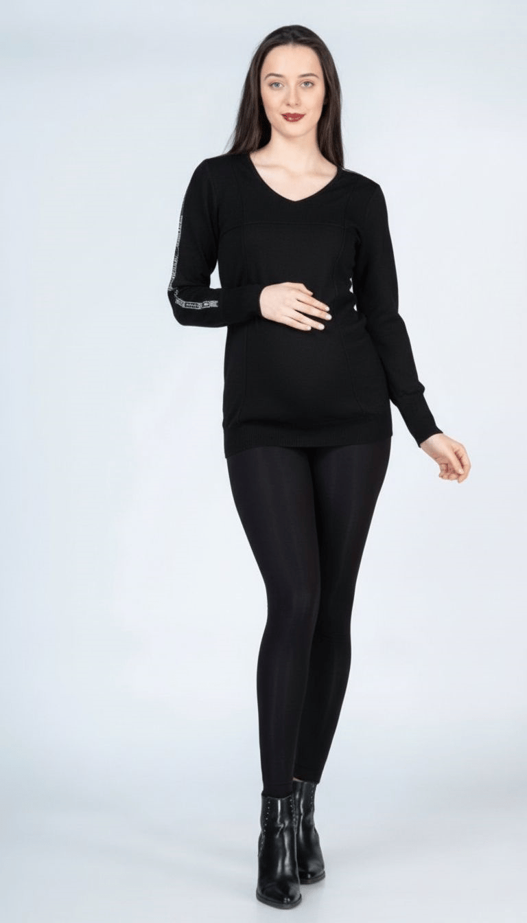 Busa Maternity Kol Şeritli İki Taraflı Emzirme Fermuarlı Tencel Hamile Bluzu Siyah