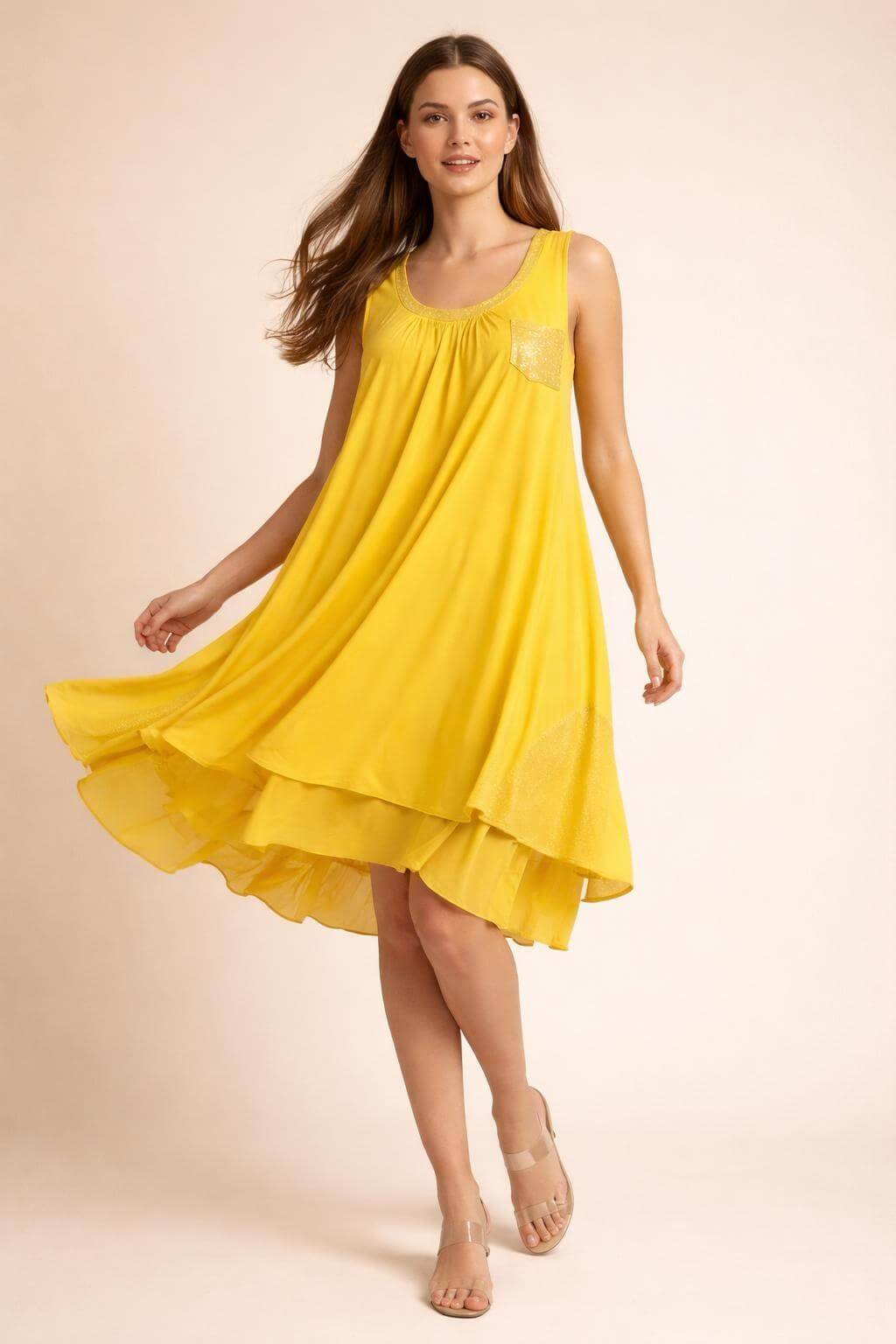 Made in Italy %100 Viskoz Doğal Dokulu Hamile Elbisesi - Sarı