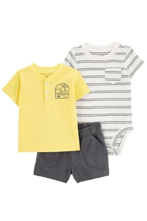 Carters Erkek Bebek 3'lü Sarı Yaz Temalı Takım (Tişört+Body+Şort)