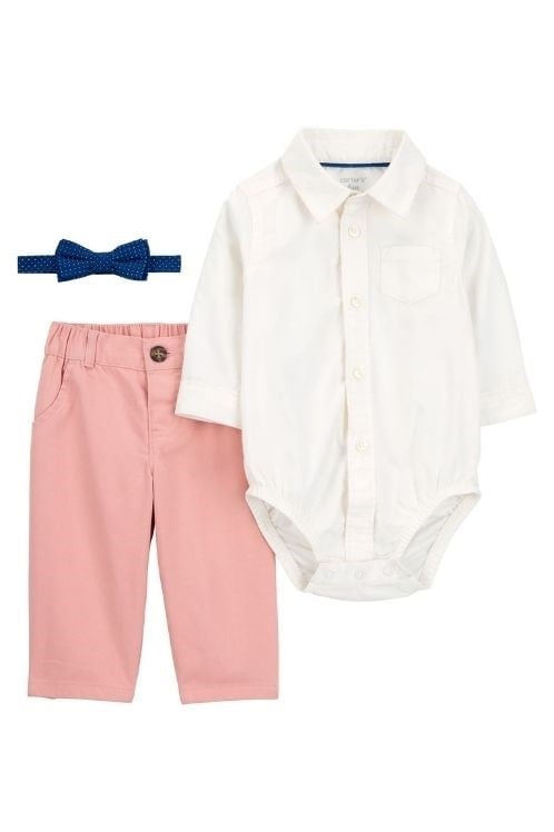 Carter's Erkek Bebek Papyonlu Gömlek Body ve Pantolon 3'lü Set - Beyaz/Mercan (0-24 Ay)