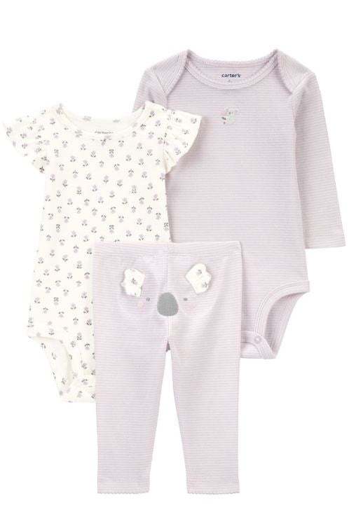 Carter's Kız Bebek Koala Temalı 3'lü Zıbın ve Pantolon Takımı - Mor (0-24 Ay)