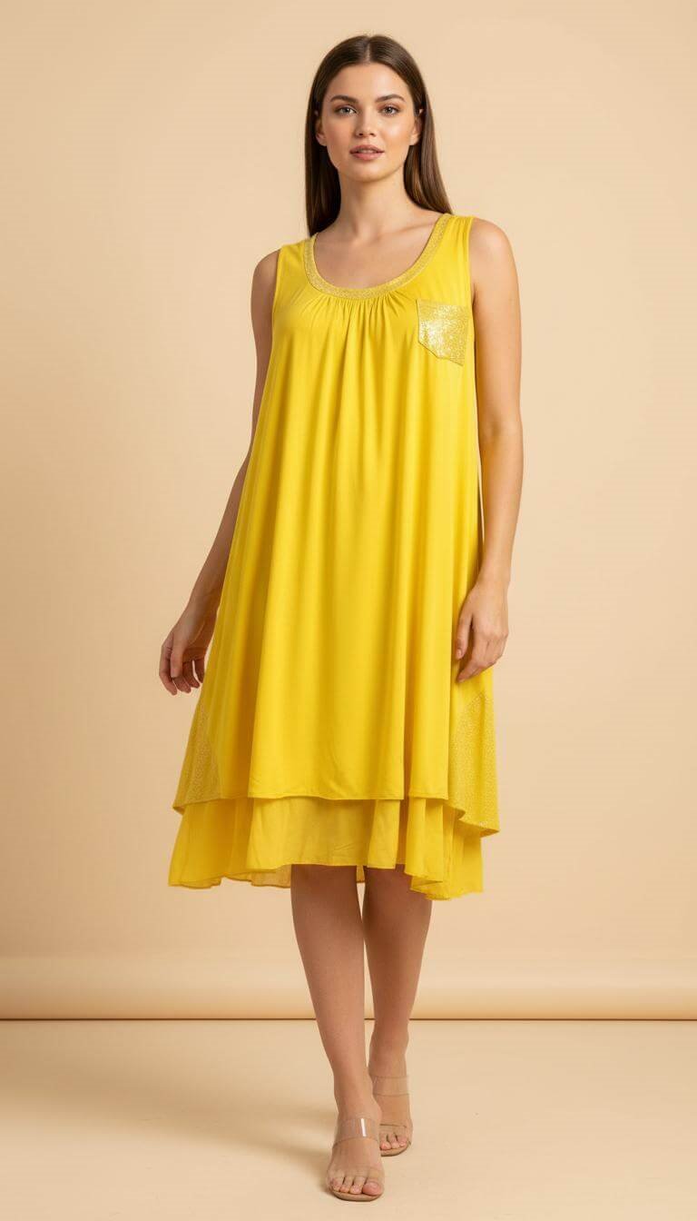 Made in Italy %100 Viskoz Doğal Dokulu Hamile Elbisesi - Sarı