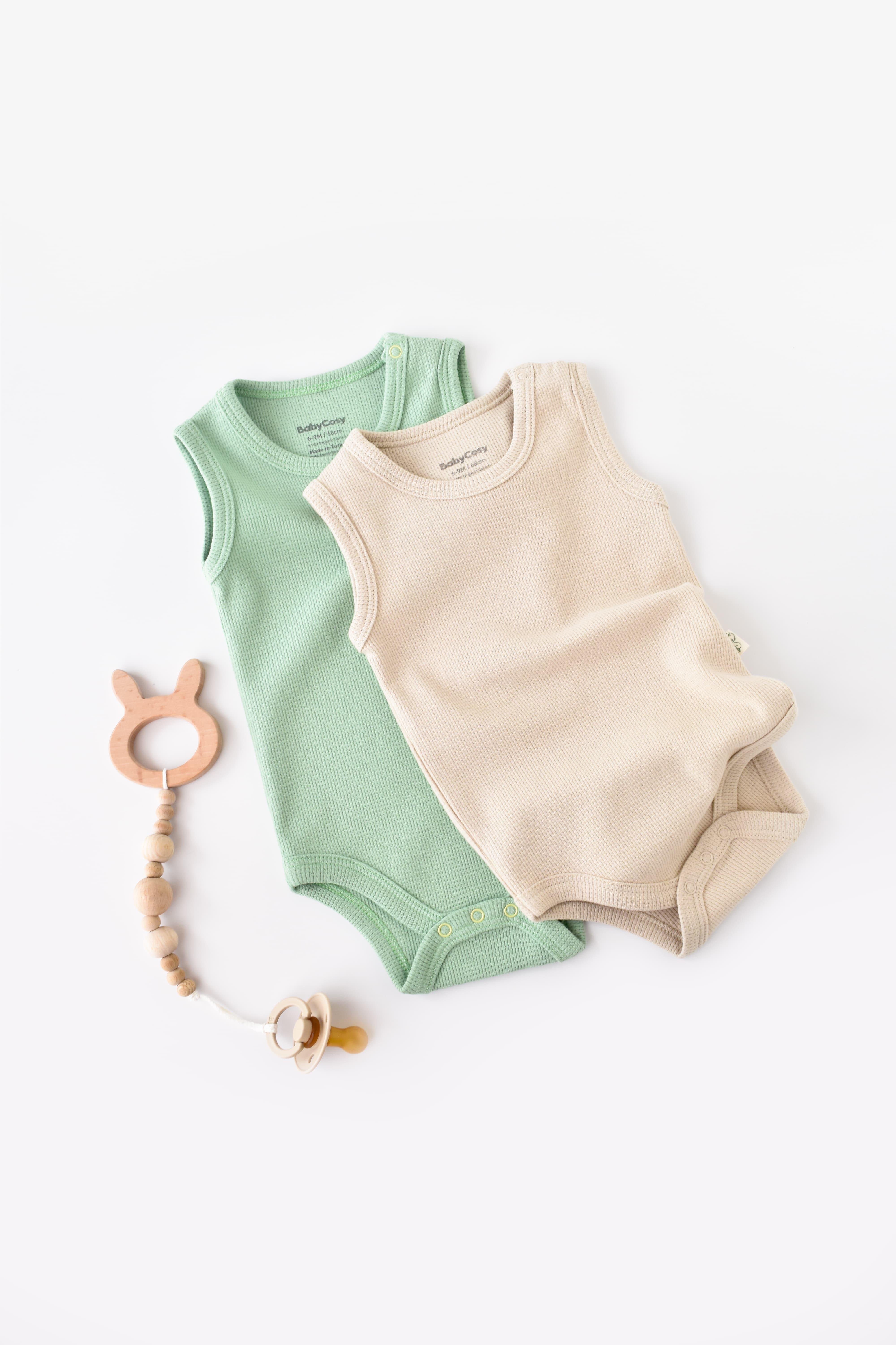 BabyCosy Organik Waffle İkili Askılı Body / Açık Yeşil - Bej