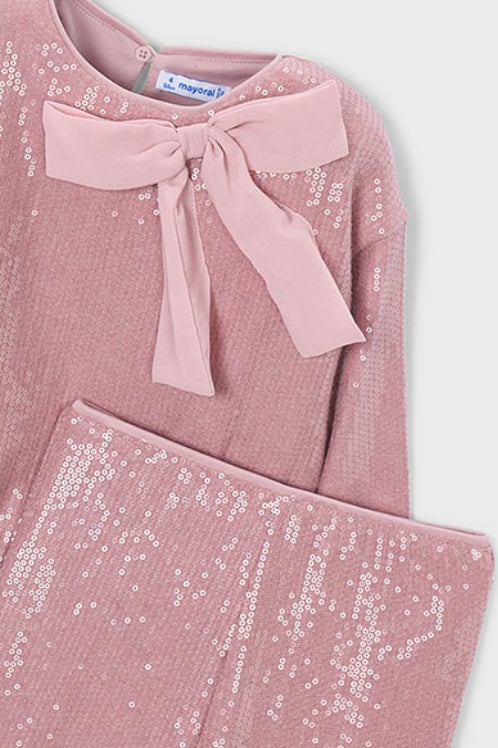 Kız Çocuk Pembe Payetli Fiyonk Detaylı Bluz-Pantolon Takım