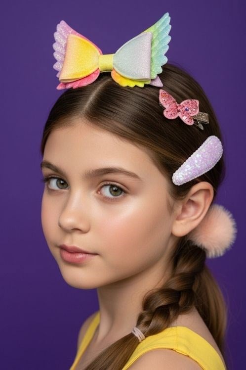 Lokum Kids 4'lü Gökkuşağı Kanatlı Fiyonk, Kelebek ve Ponpon Toka Seti