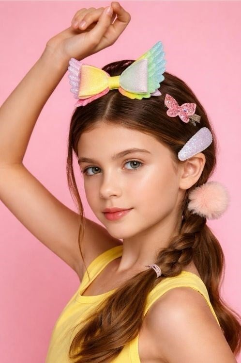 Lokum Kids 4'lü Gökkuşağı Kanatlı Fiyonk, Kelebek ve Ponpon Toka Seti