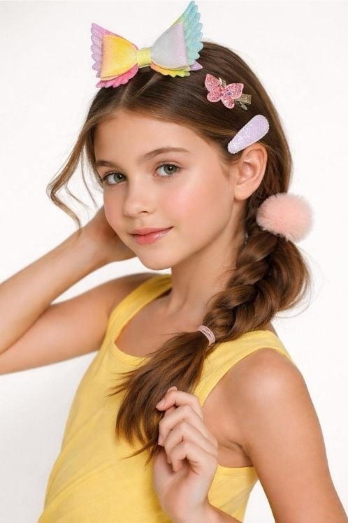 Lokum Kids 4'lü Gökkuşağı Kanatlı Fiyonk, Kelebek ve Ponpon Toka Seti