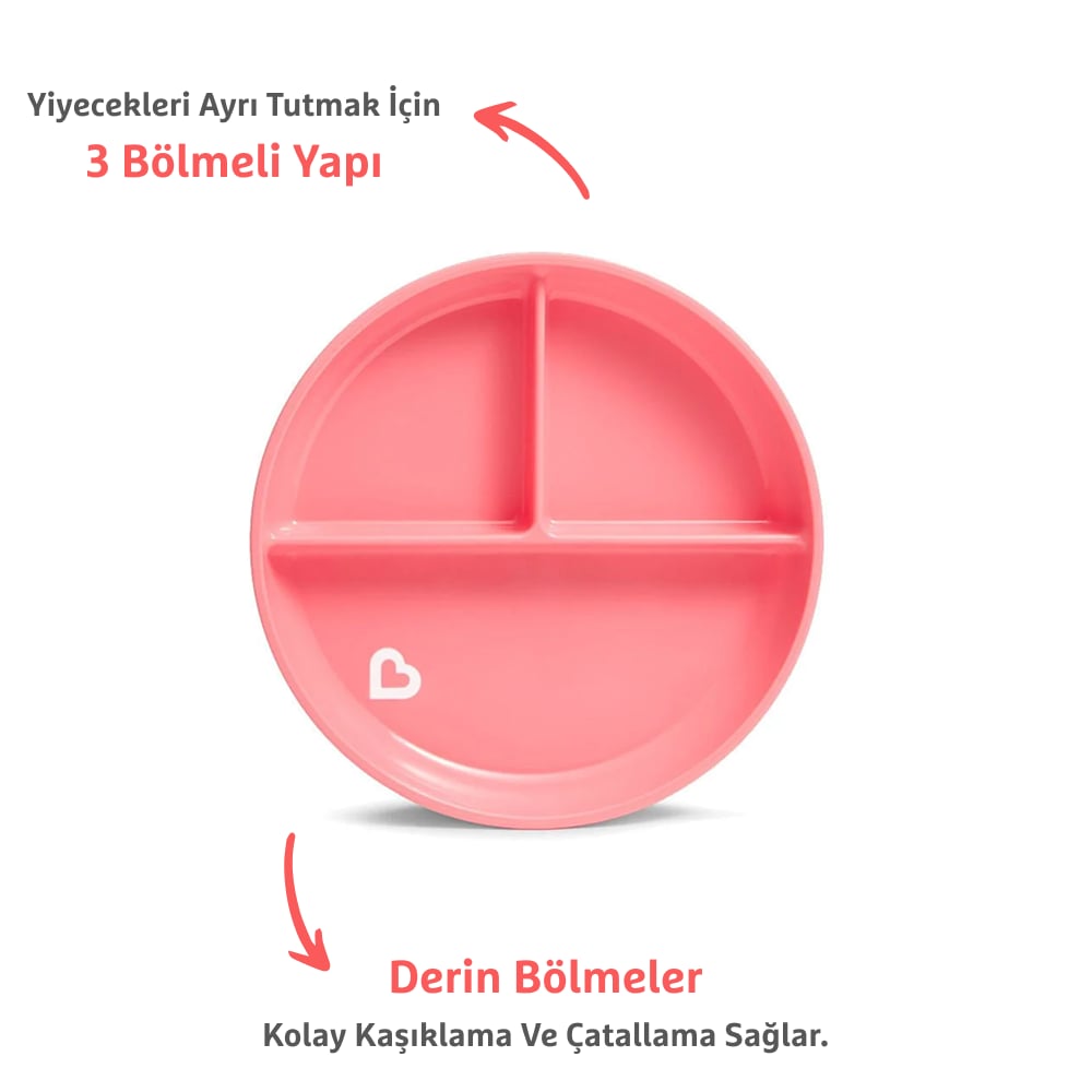 Munchkin Sabit Vakumlu Beslenme Tabağı | 6 Ay+ 3 Bölmeli, BPA İçermez, Pembe -1 Adet