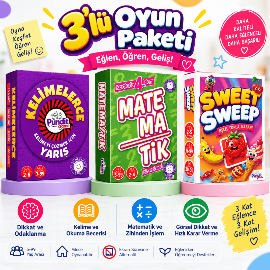 Matema/TİK & Kelimelerce & Sweet Sweep 3'lü Eğitim ve Zeka Oyunu Paketi | Matematik, Kelime ve Dikkat Ürün Açıklaması