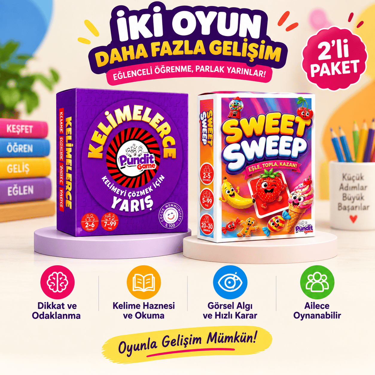 Sweet Sweep & Kelimelerce 2'li Eğitim ve Zeka Oyunu Paketi | Dikkat, Odaklanma ve Kelime Gelişimi