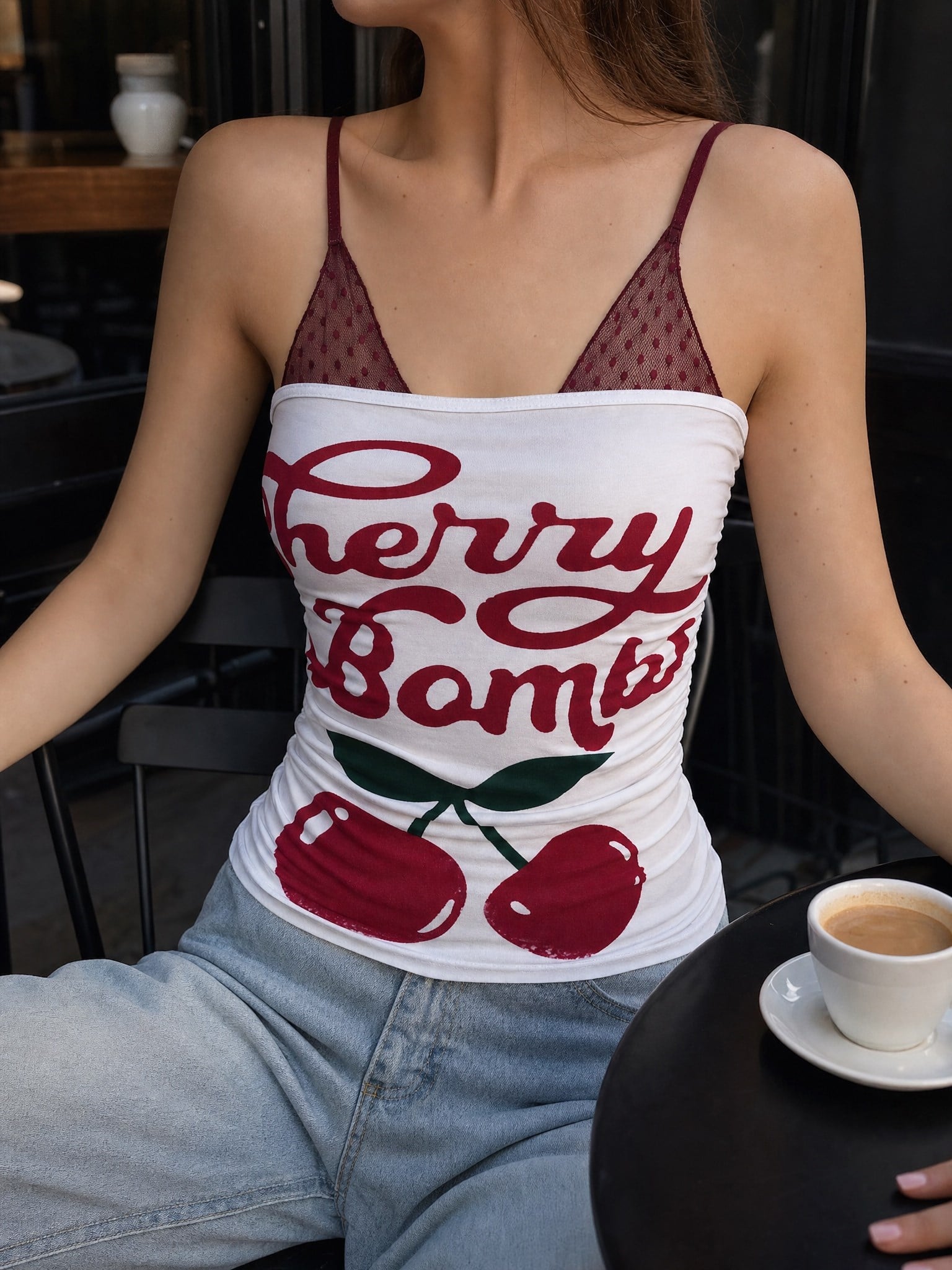 Beyaz Cherry Bomb Dantelli Ek Y2K Askılı Crop