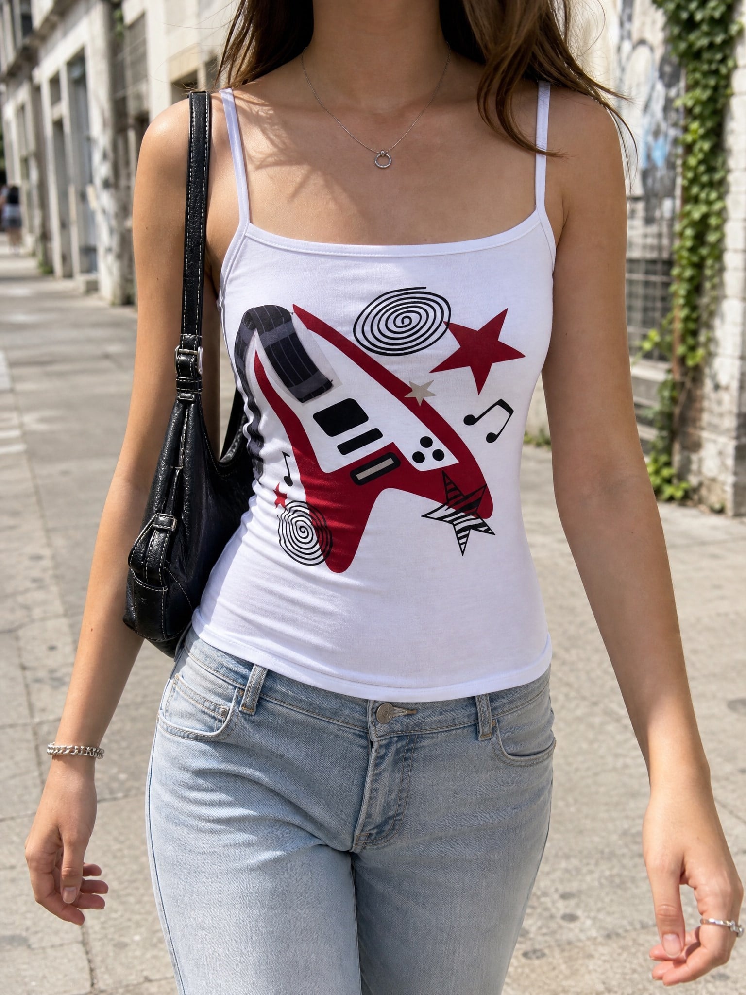 Beyaz Gitar Askılı Y2K Askılı Crop