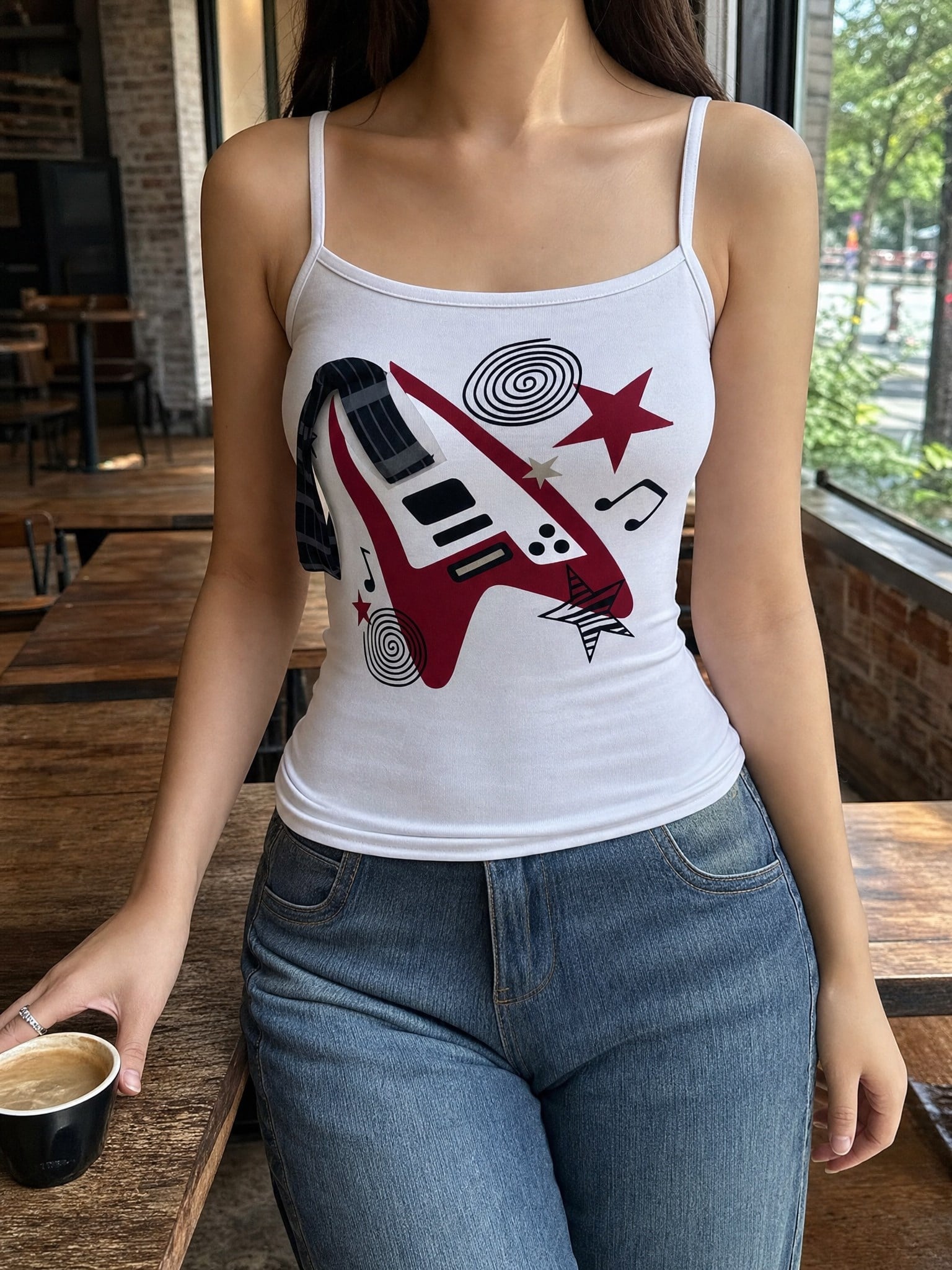 Beyaz Gitar Askılı Y2K Askılı Crop