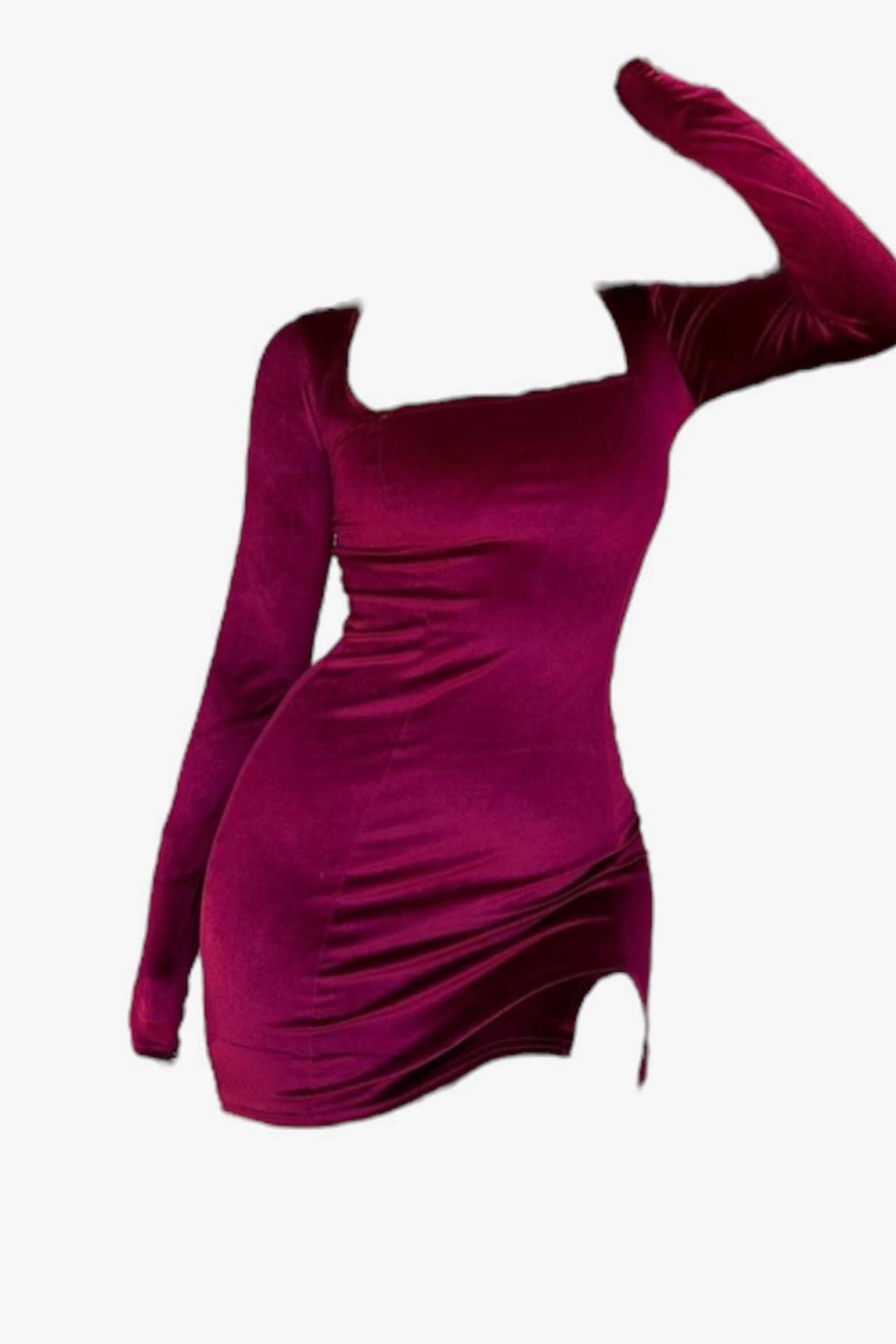 Bordo Kadife Yırtmaç Detaylı Elbise