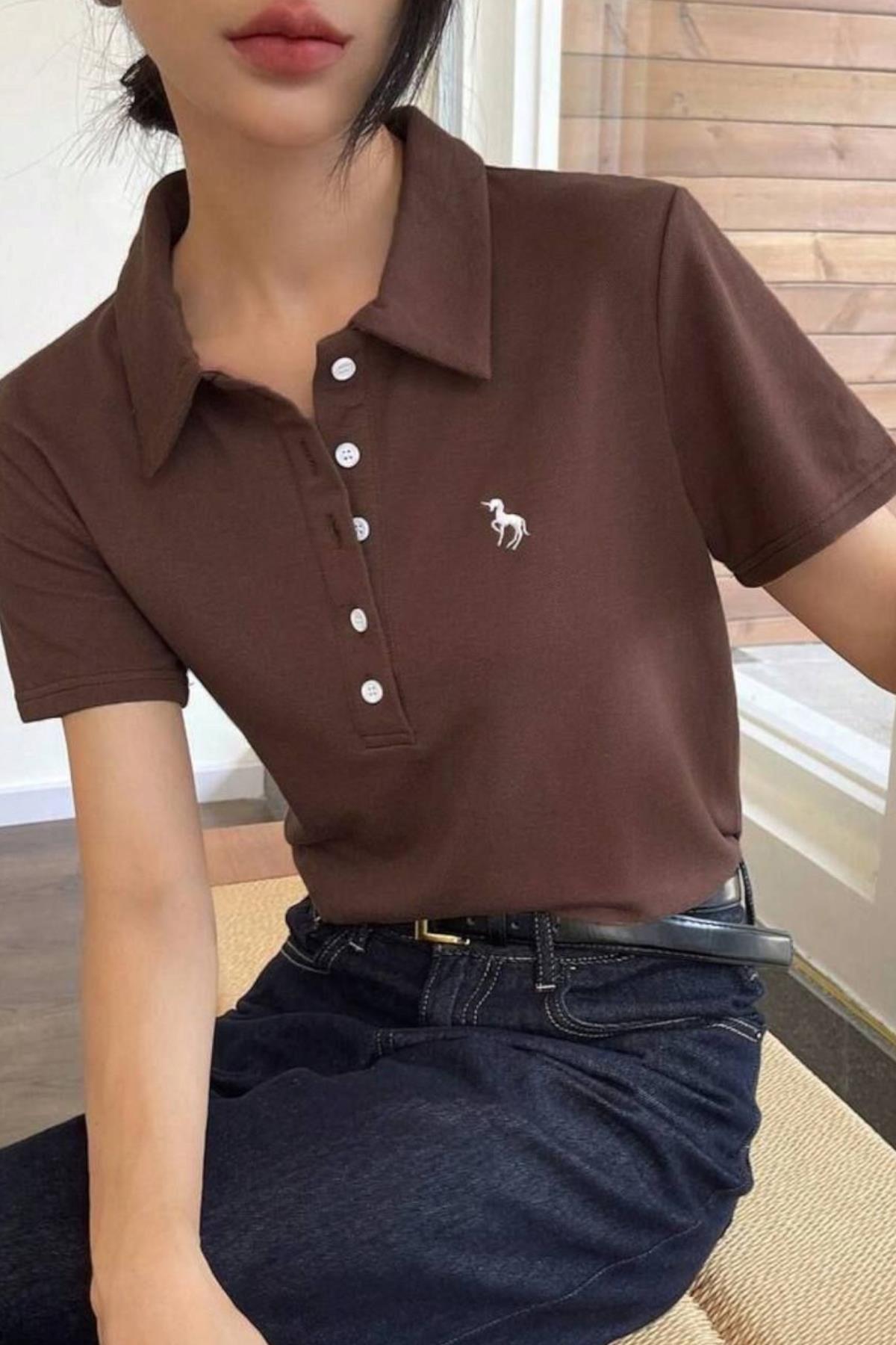 Brown Unicorn Polo Yaka T-shirt