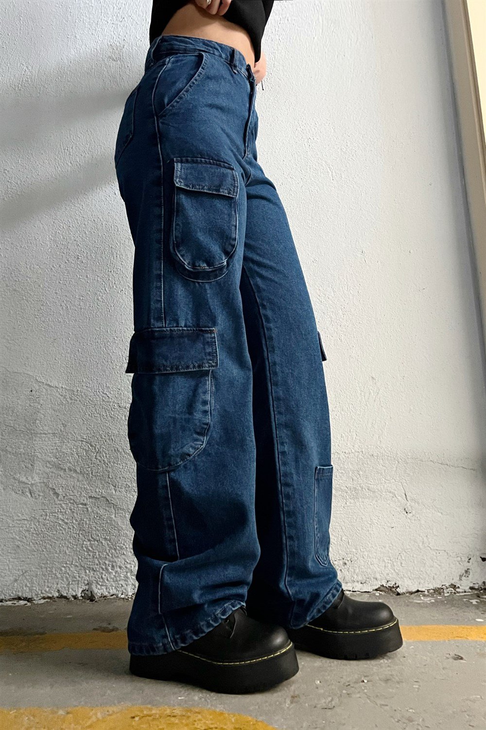 Denim Yuvarlak Körüklü Kargo Cep Wide Jeans