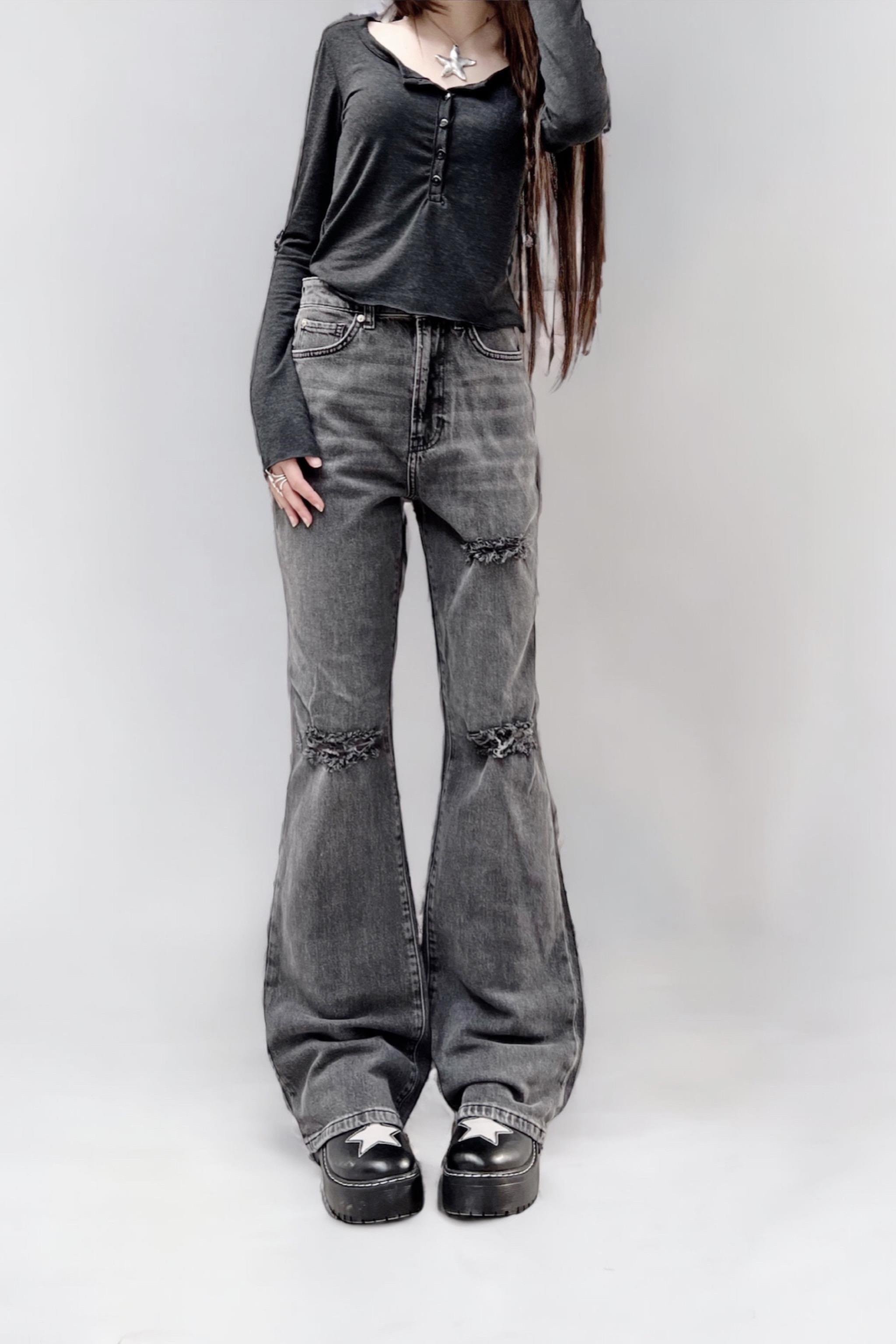 Füme Yırtık Detaylı Bol Paça Pantolon