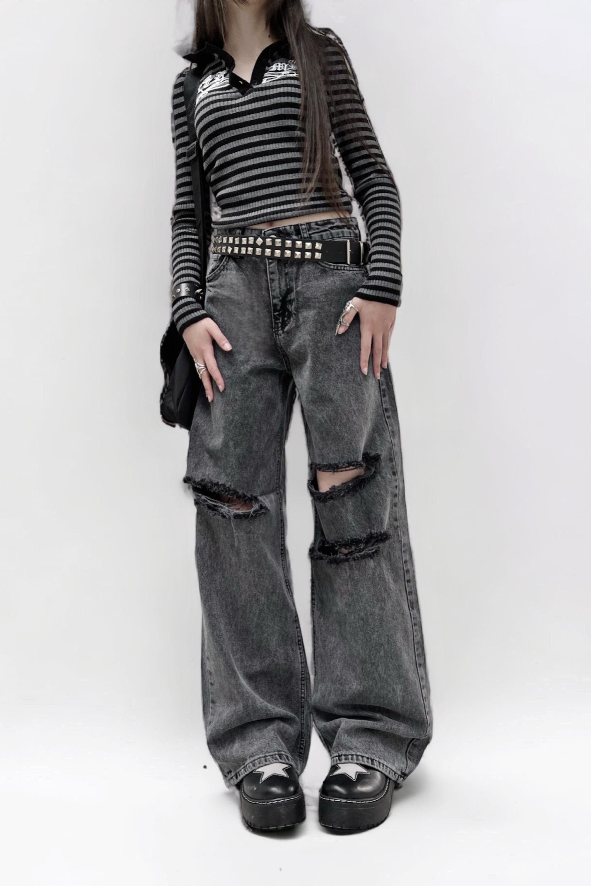 Füme Yırtık Detaylı Pantolon