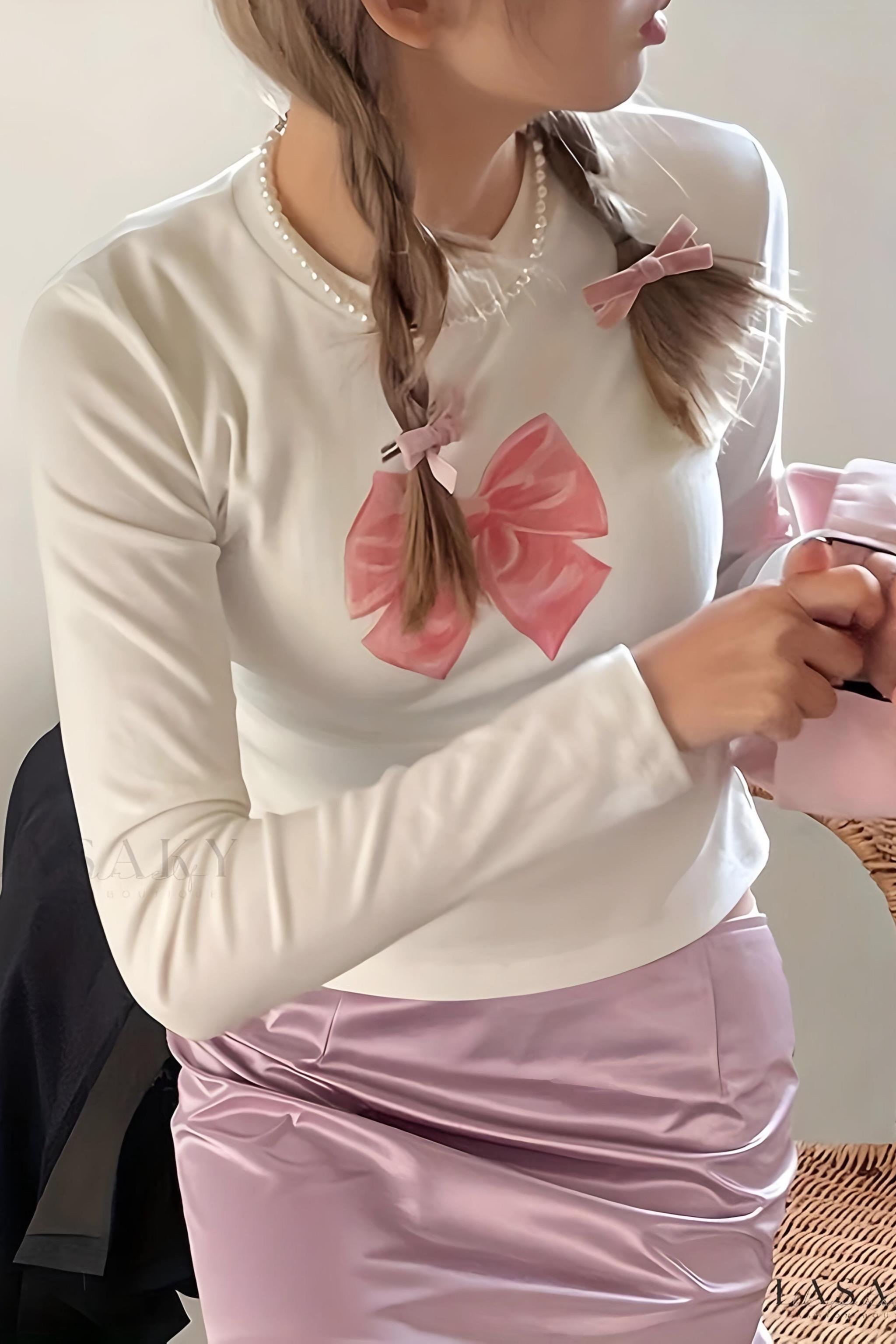 Pink Ribbon Uzun Kol Tam Boy Bluz