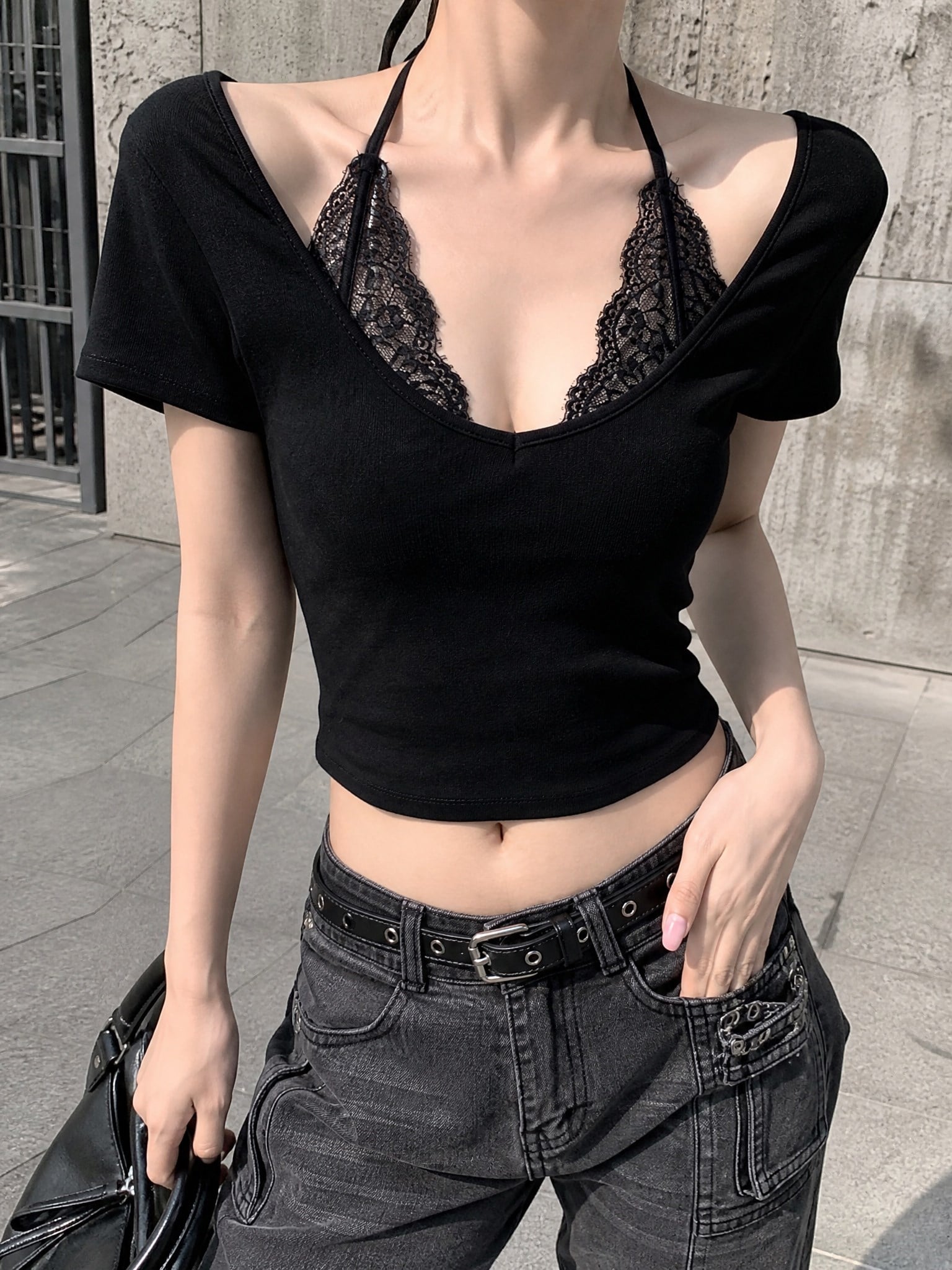 Siyah Bağlamalı Dantelli Ekli Gotik Y2K Gothic Y2K