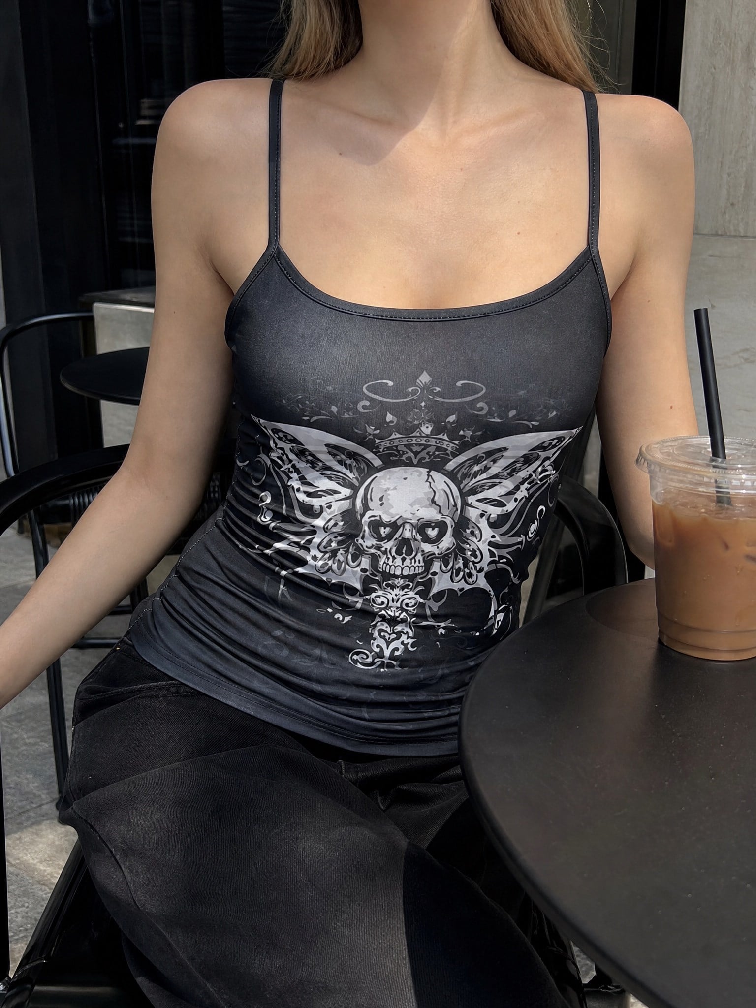 Siyah Gotik Skull Butterfly Wings Y2K Askılı Crop