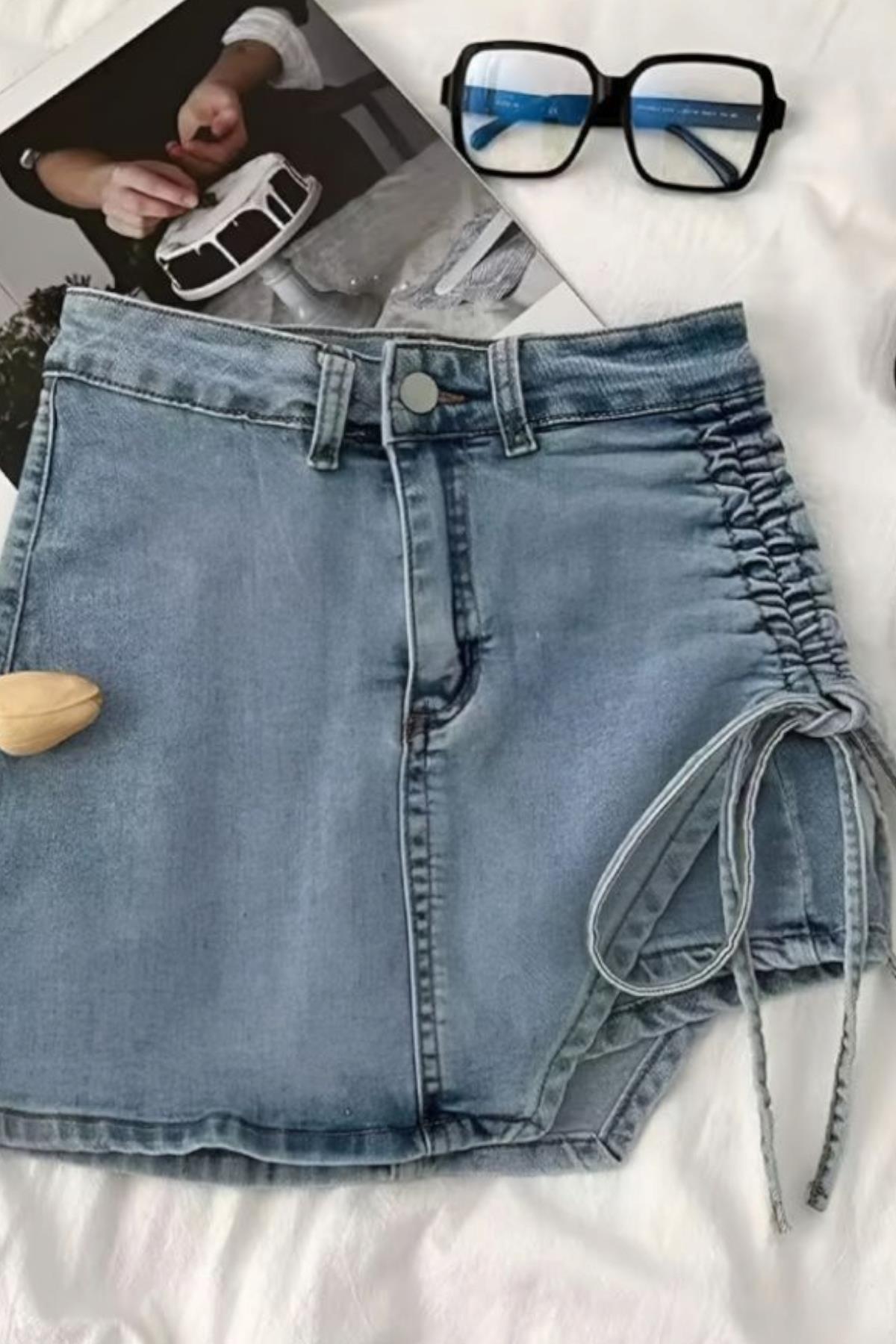 Yanı Büzgülü Denim Şort Etek