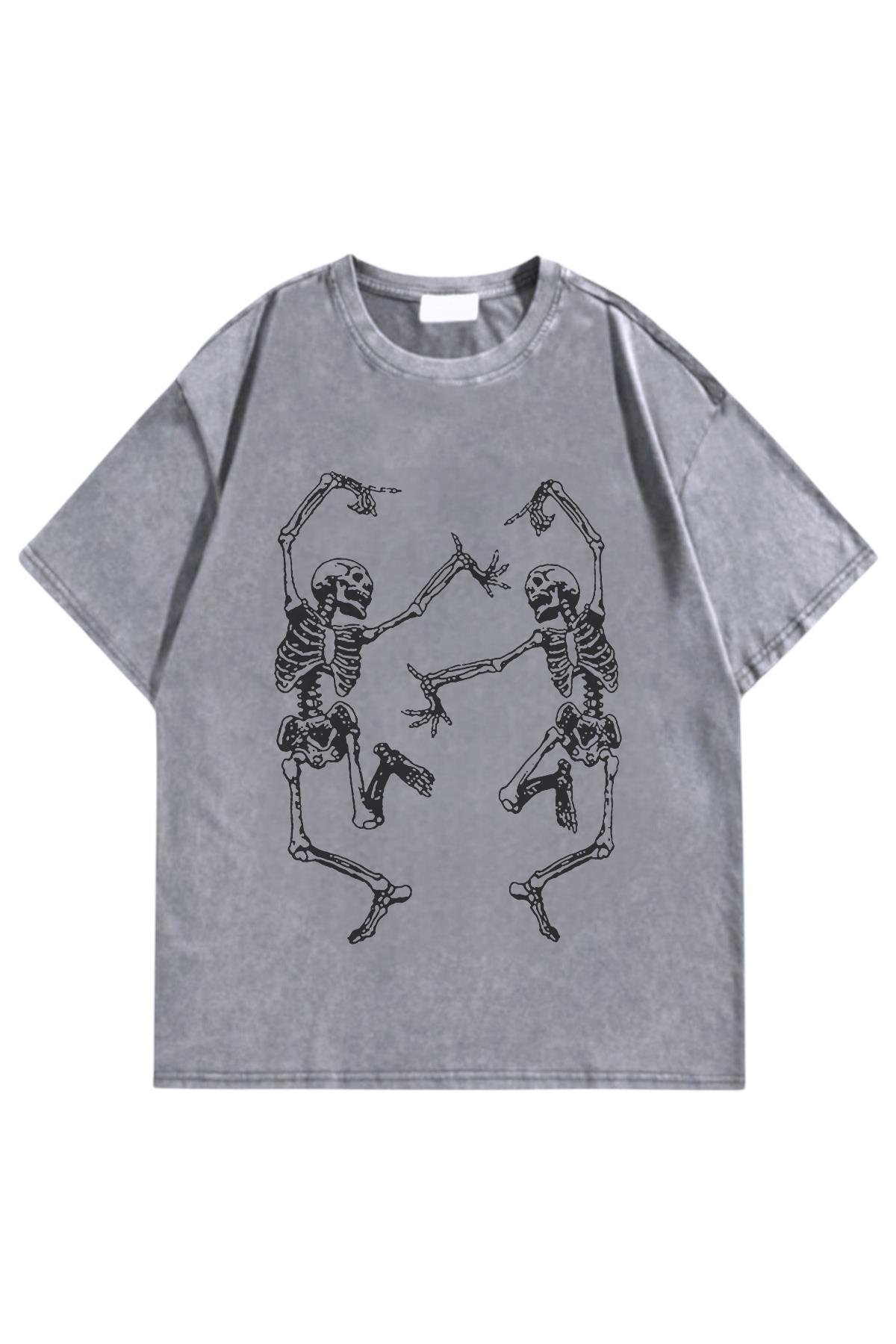 Yıkamalı Dancing Skeleton Oversize T-shirt