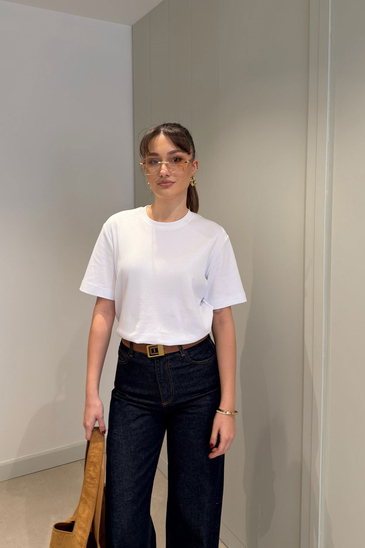 %100 Pamuk Kısa Kol Basic T-shirt- BEYAZ