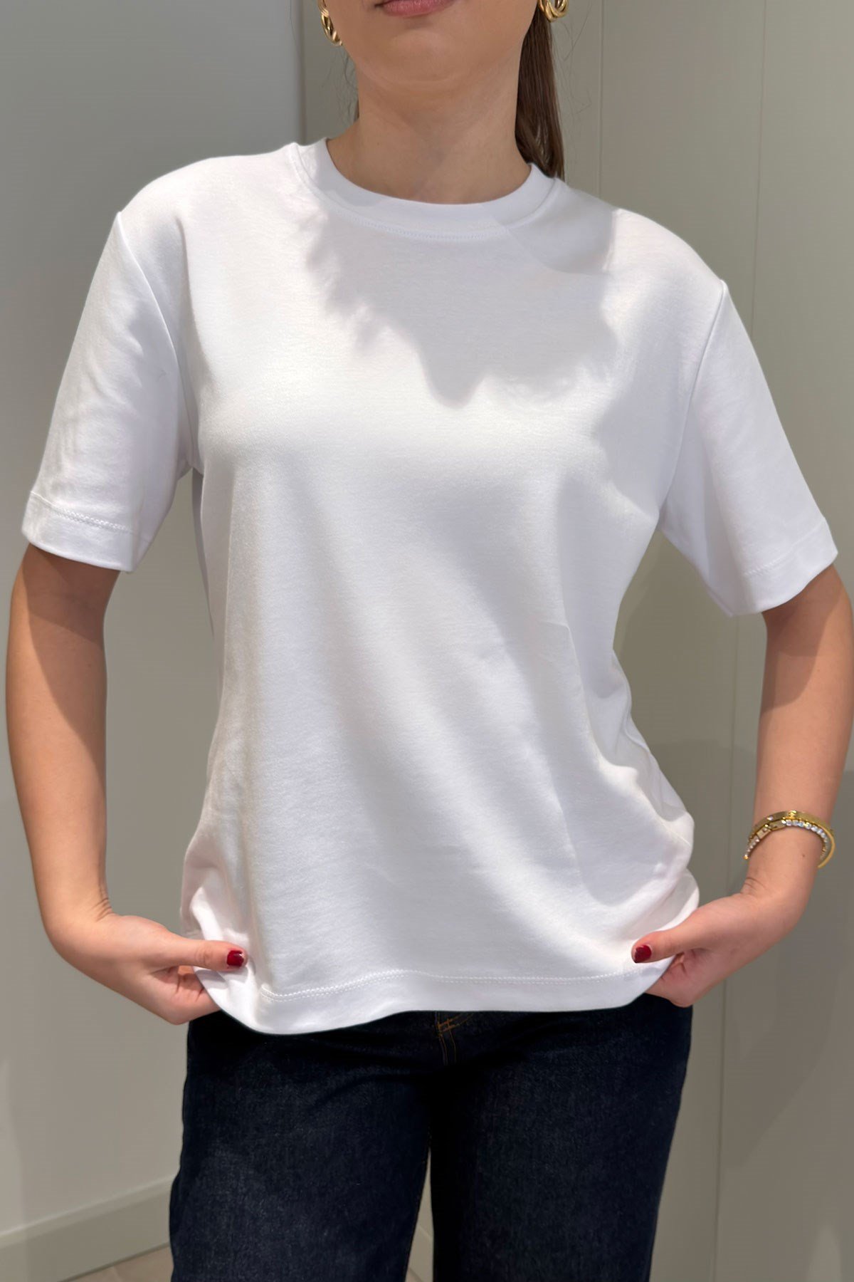 %100 Pamuk Kısa Kol Basic T-shirt- BEYAZ