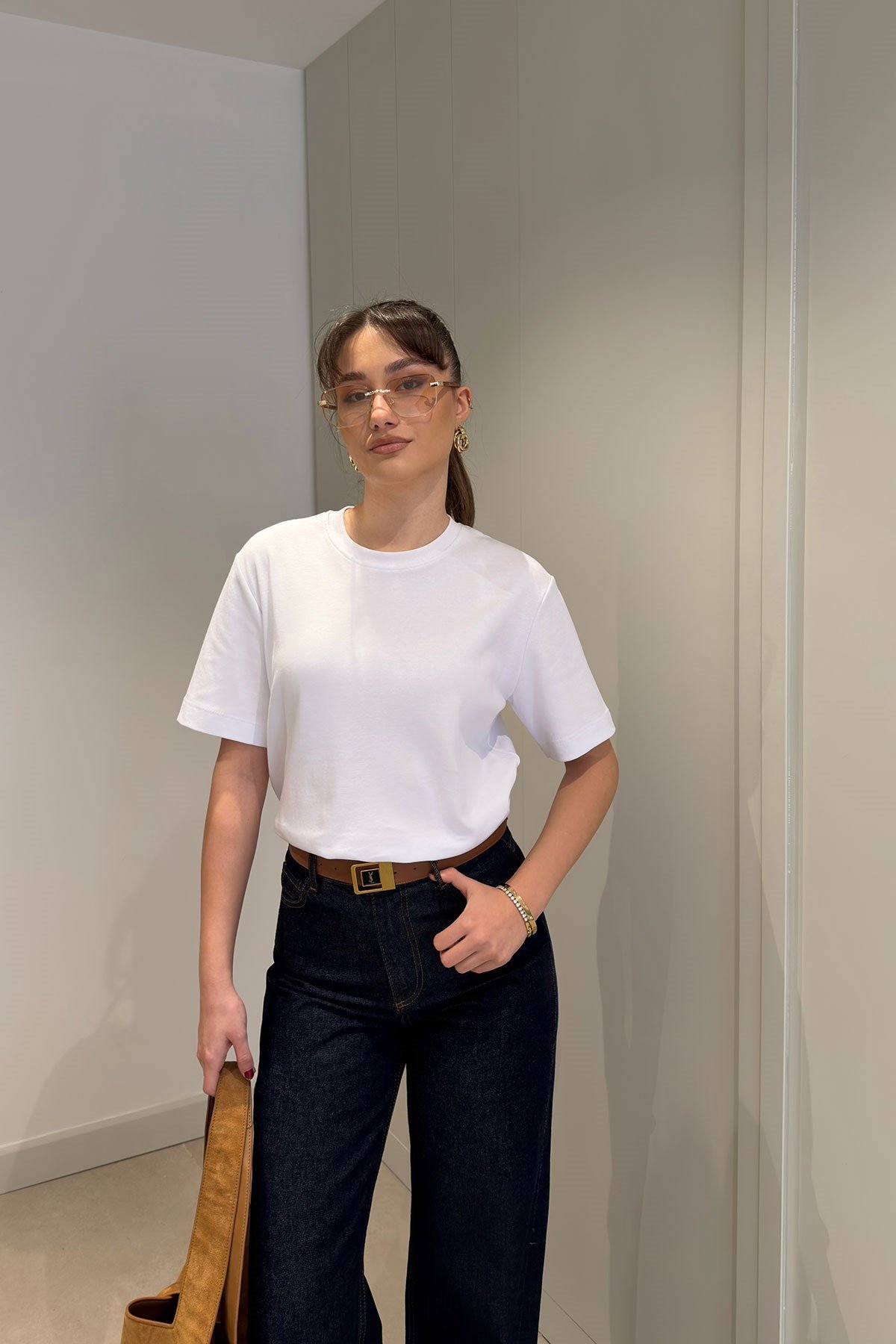 %100 Pamuk Kısa Kol Basic T-shirt- BEYAZ
