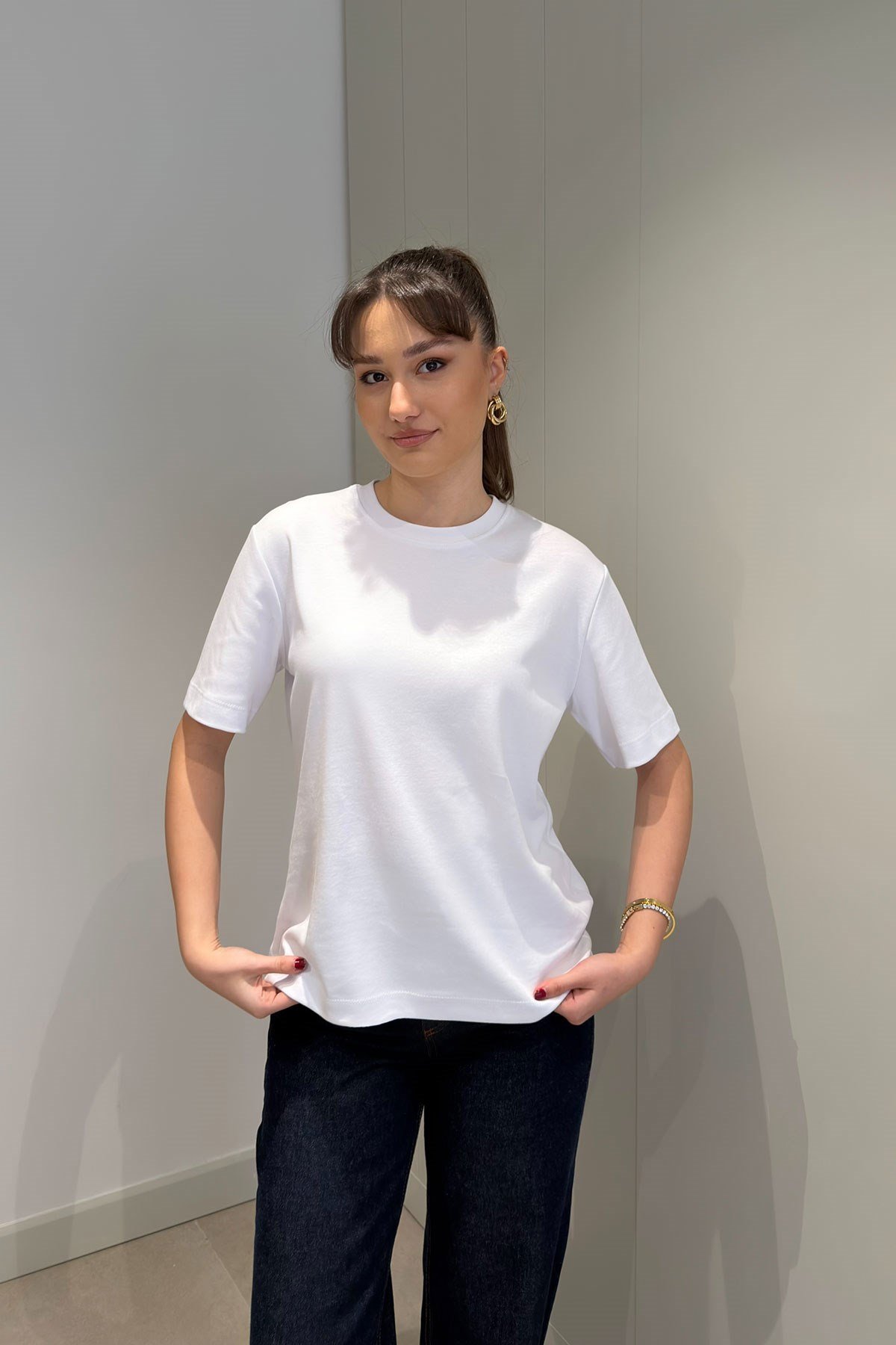 %100 Pamuk Kısa Kol Basic T-shirt- BEYAZ