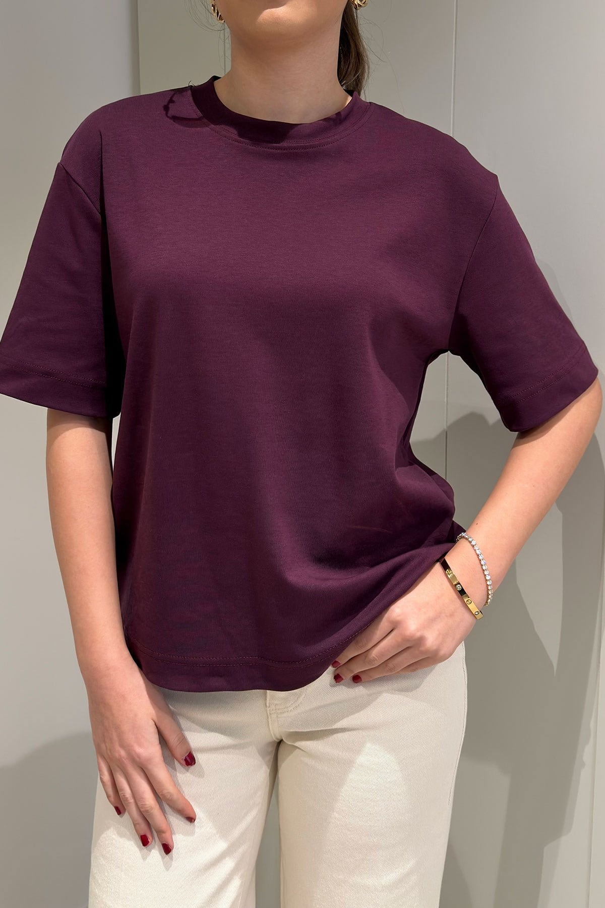 %100 Pamuk Kısa Kol Basic T-shirt- BORDO