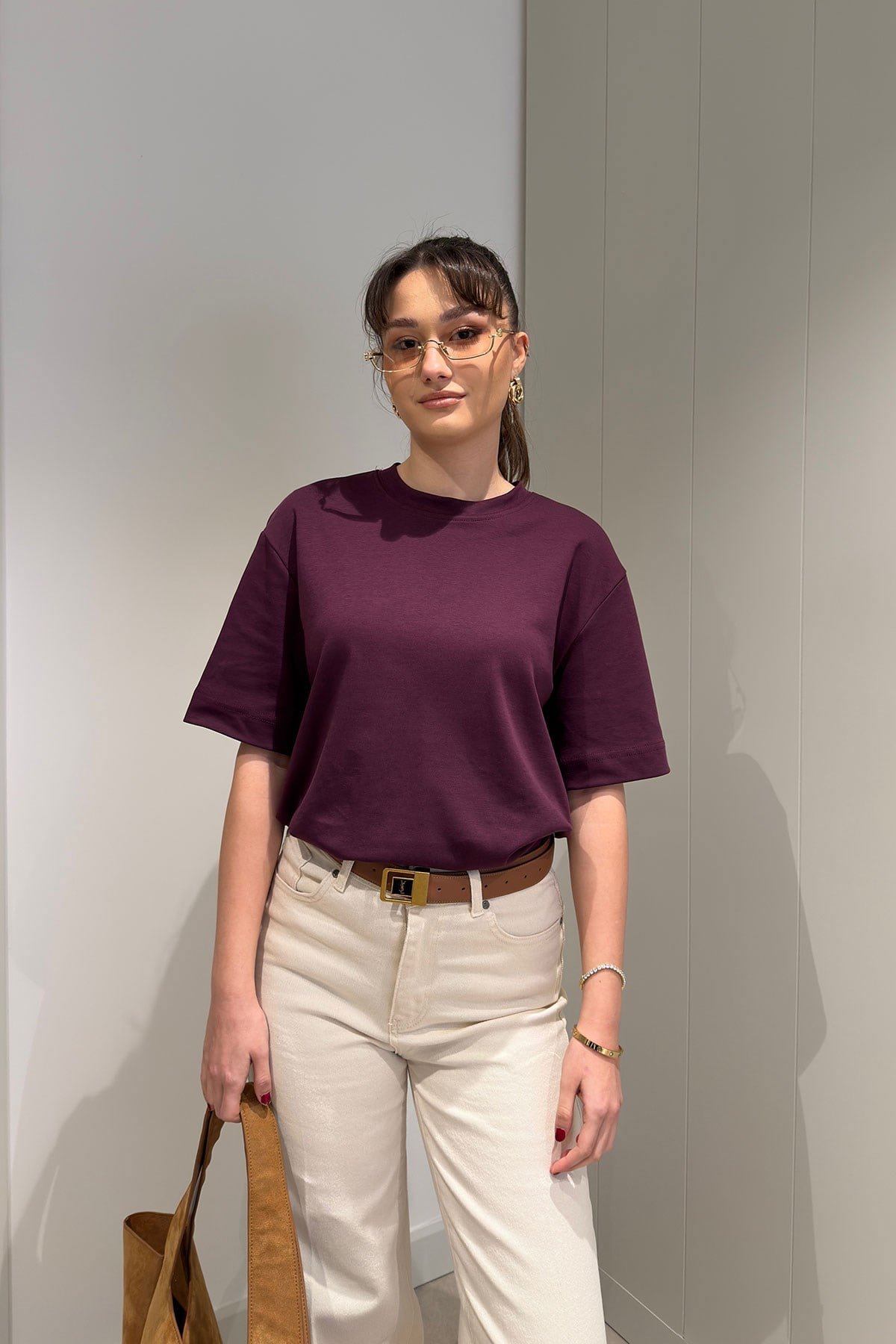 %100 Pamuk Kısa Kol Basic T-shirt- BORDO