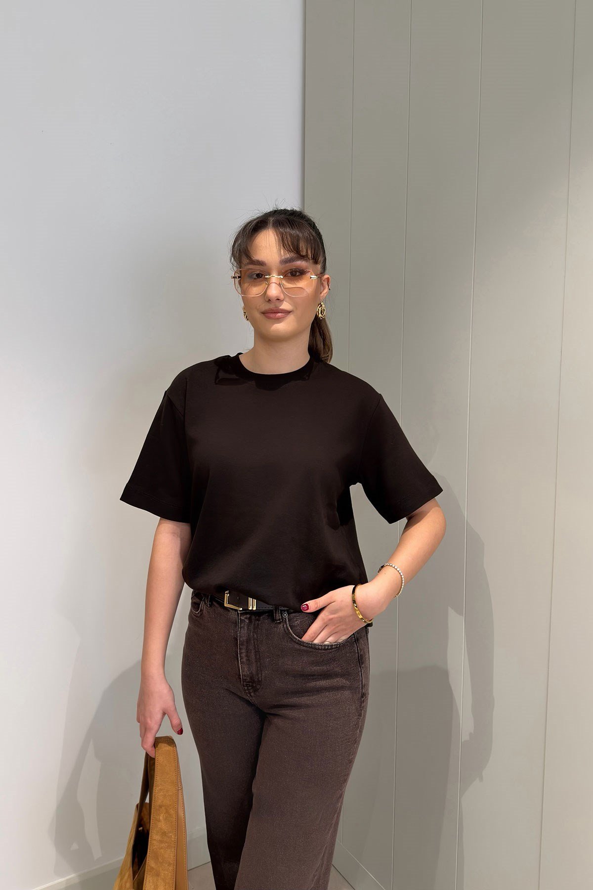 %100 Pamuk Kısa Kol Basic T-shirt- KAHVERENGİ