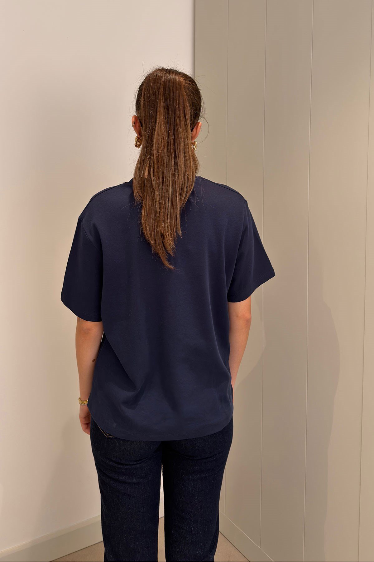 %100 Pamuk Kısa Kol Basic T-shirt- LACİVERT