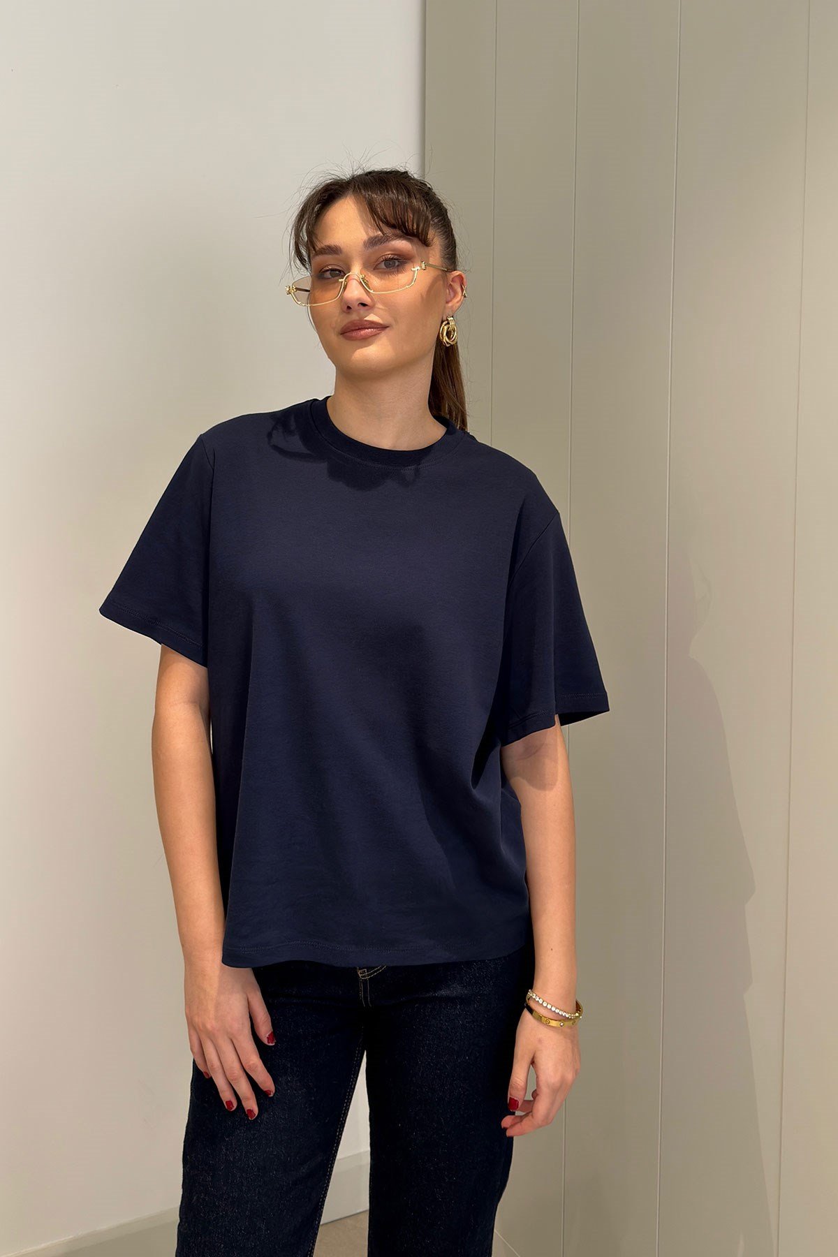 %100 Pamuk Kısa Kol Basic T-shirt- LACİVERT