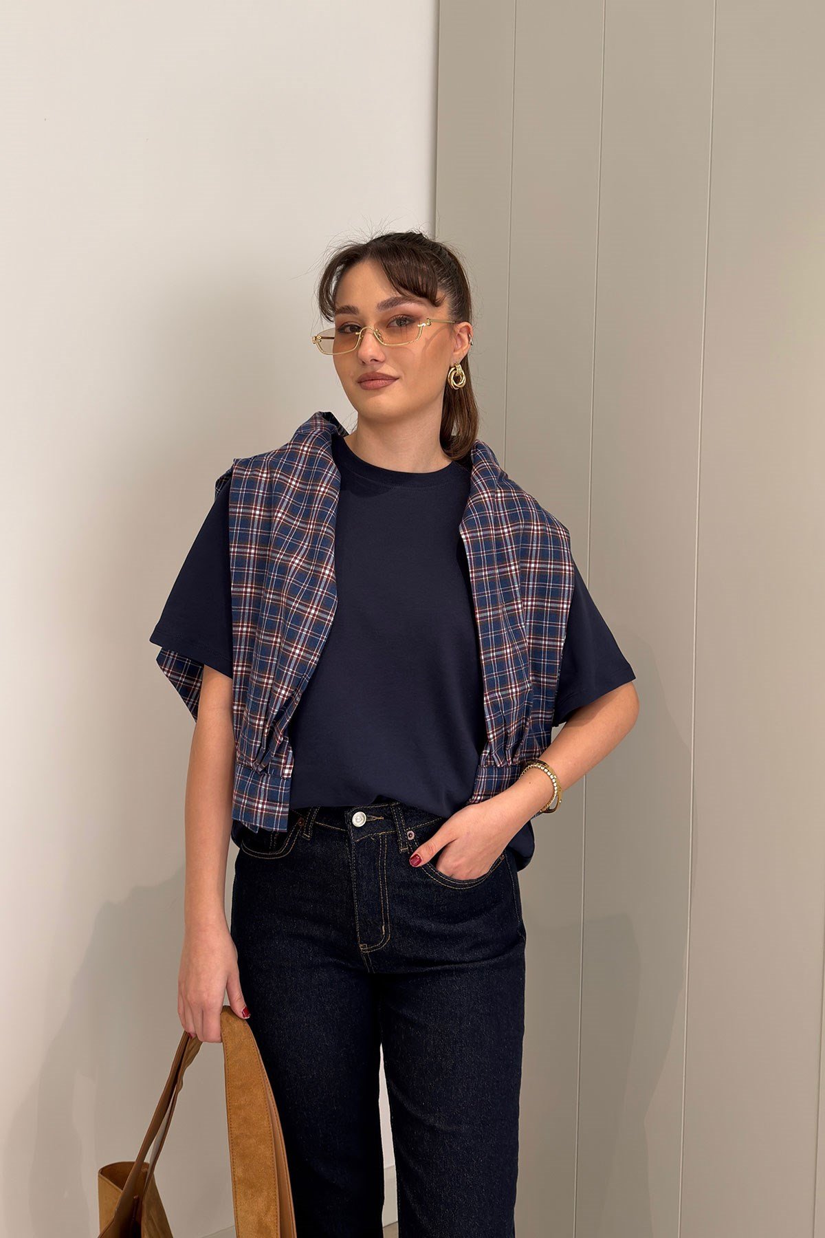 %100 Pamuk Kısa Kol Basic T-shirt- LACİVERT