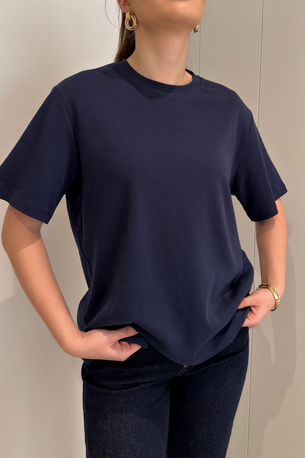 %100 Pamuk Kısa Kol Basic T-shirt- LACİVERT