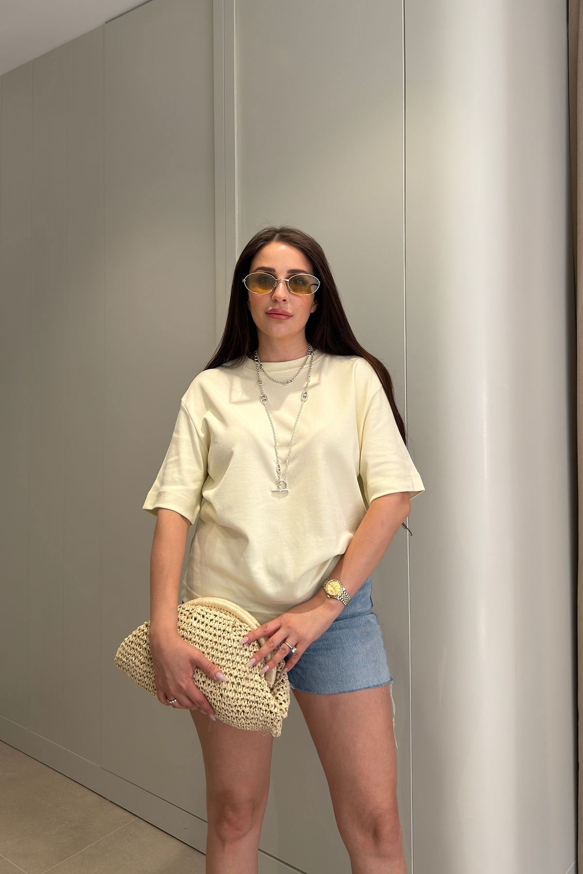 %100 Pamuk Kısa Kol Basic T-shirt- SARI