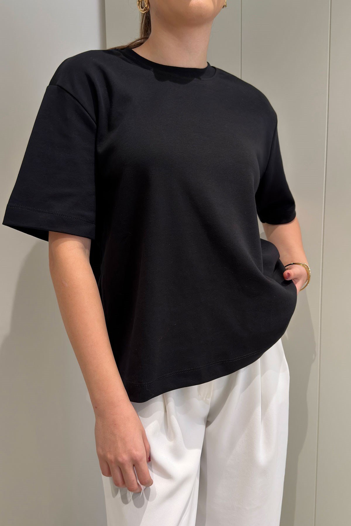 %100 Pamuk Kısa Kol Basic T-shirt- SİYAH