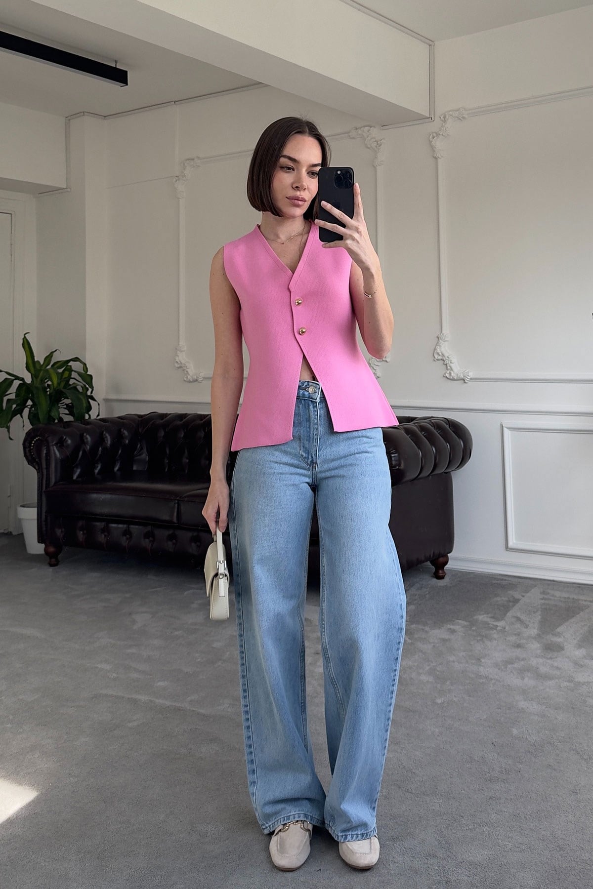 2 Düğmeli Çelik Örgü Yelek- PEMBE