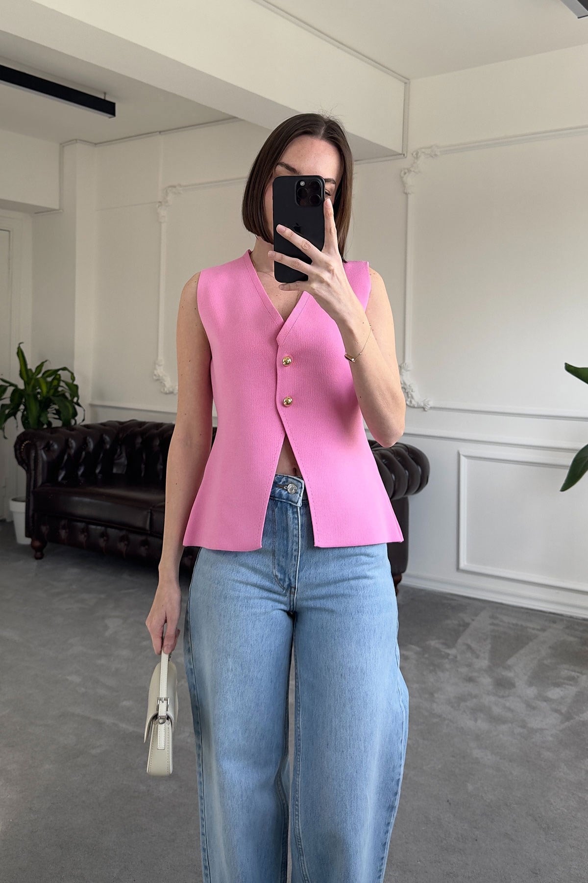 2 Düğmeli Çelik Örgü Yelek- PEMBE