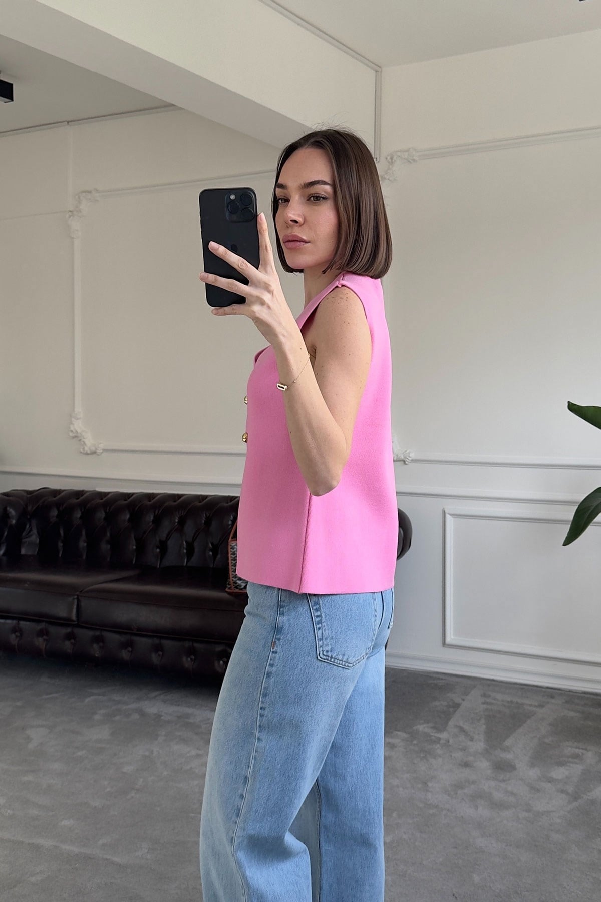2 Düğmeli Çelik Örgü Yelek- PEMBE