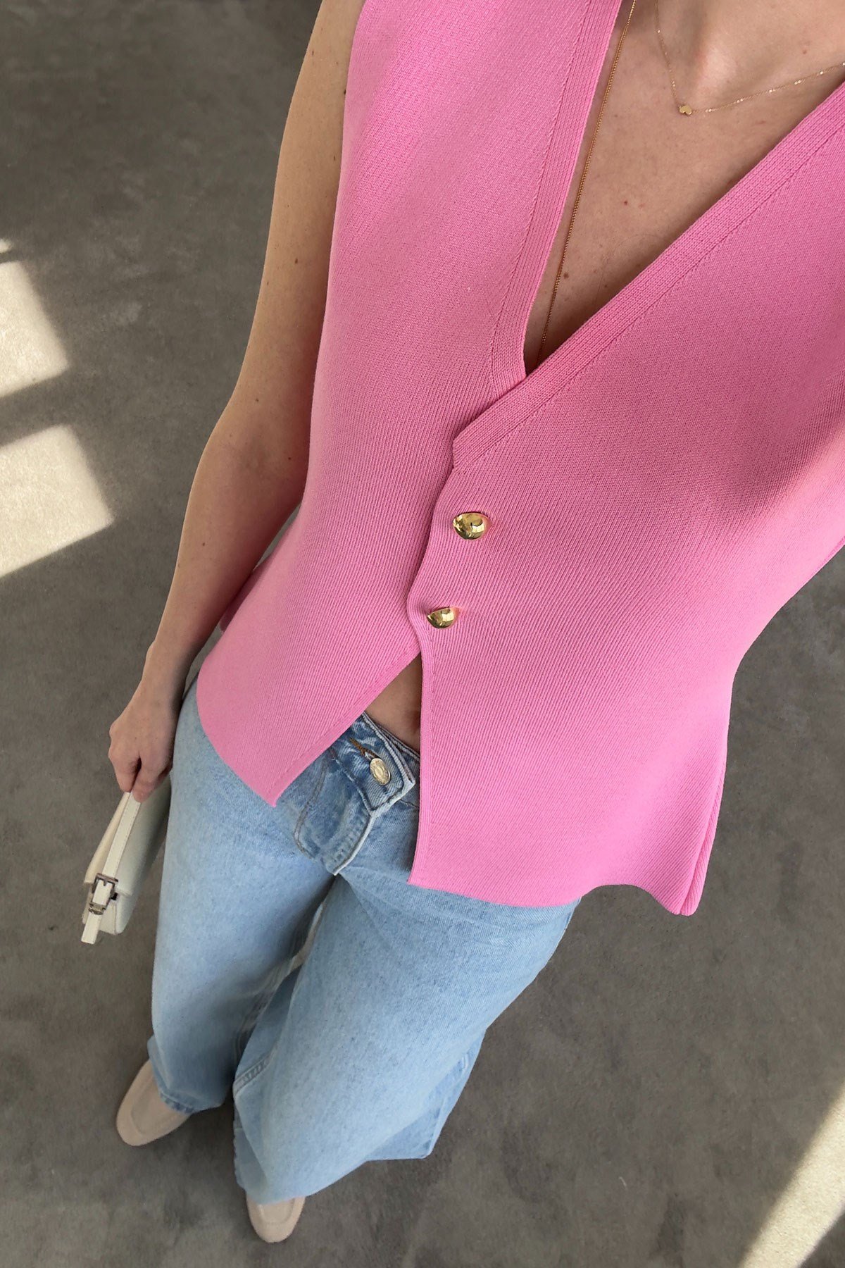 2 Düğmeli Çelik Örgü Yelek- PEMBE