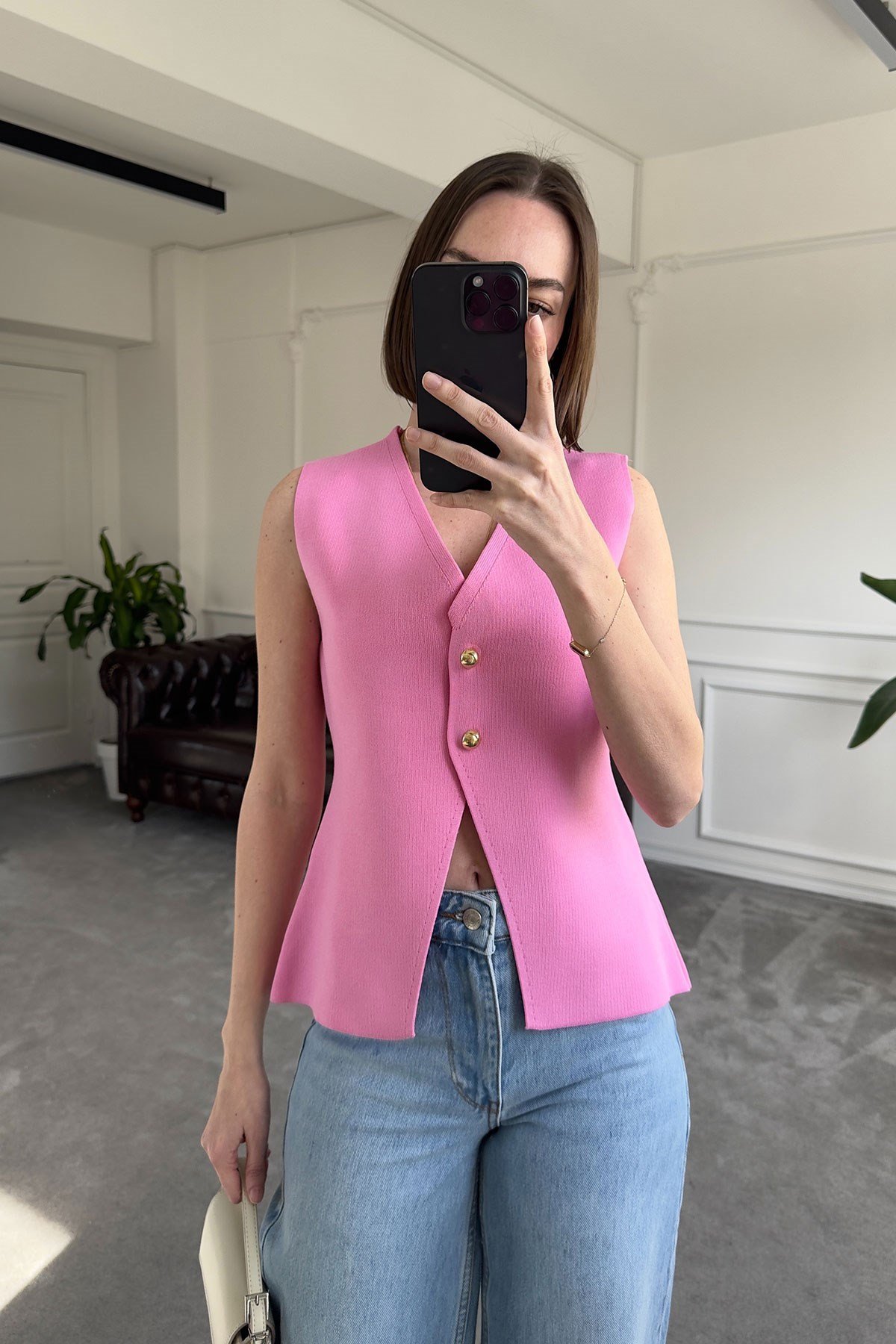 2 Düğmeli Çelik Örgü Yelek- PEMBE