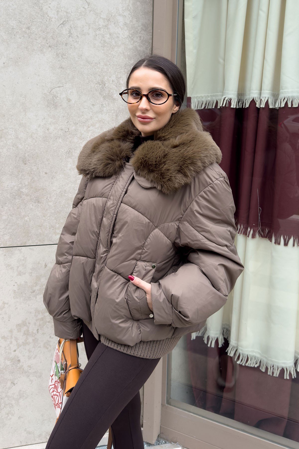 Alenelle Yakası Kürklü Bomber Mont- HAKİ